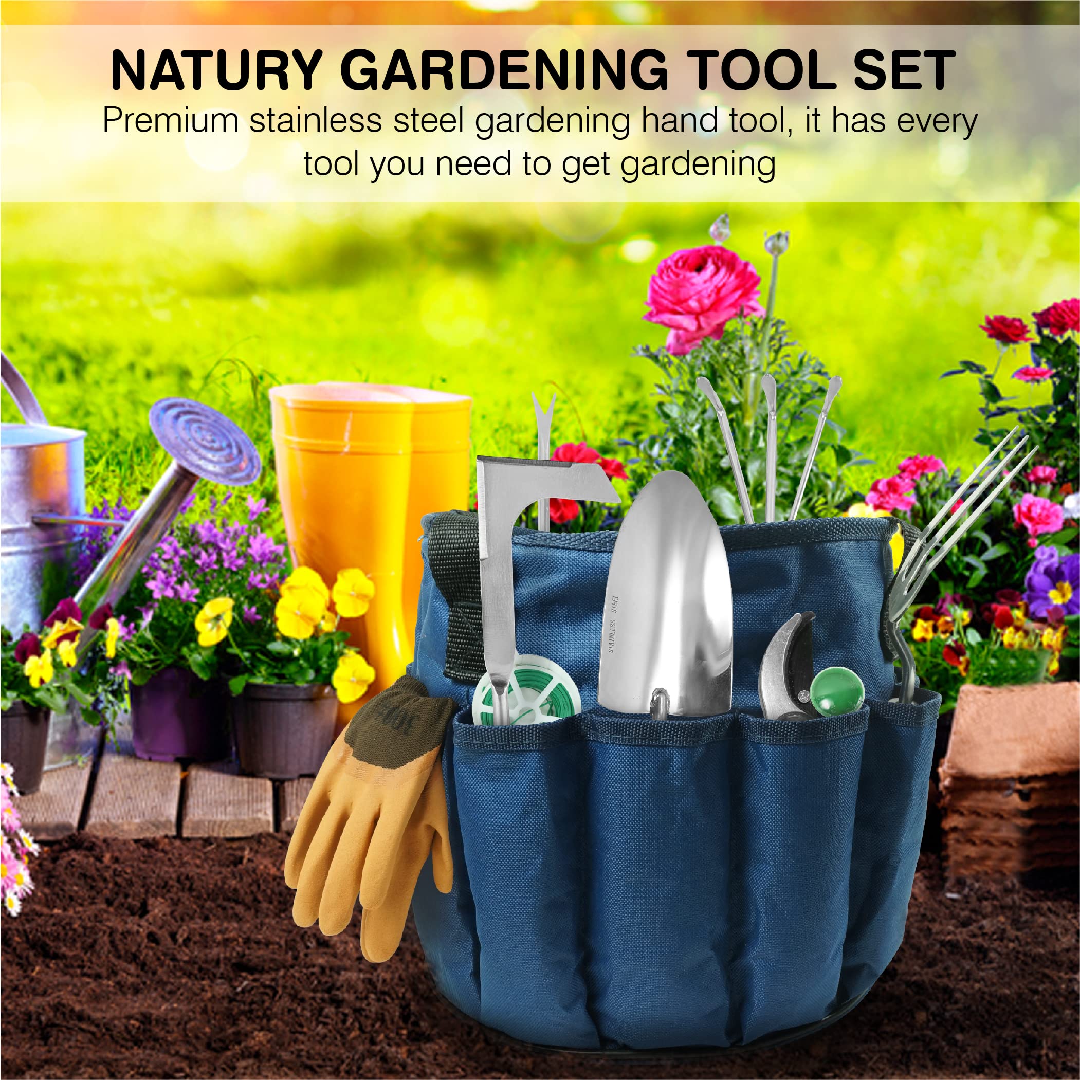 Premium Stainless Steel Garden Tools Set with Solid Beechwood Handle - Complete Gardening Kit Includes Rake, Shovel, Gloves, Shears & Tool Organizer - Ideal for Planting, Weeding & Landscaping - Perfect Gardening Gift for Women & Men