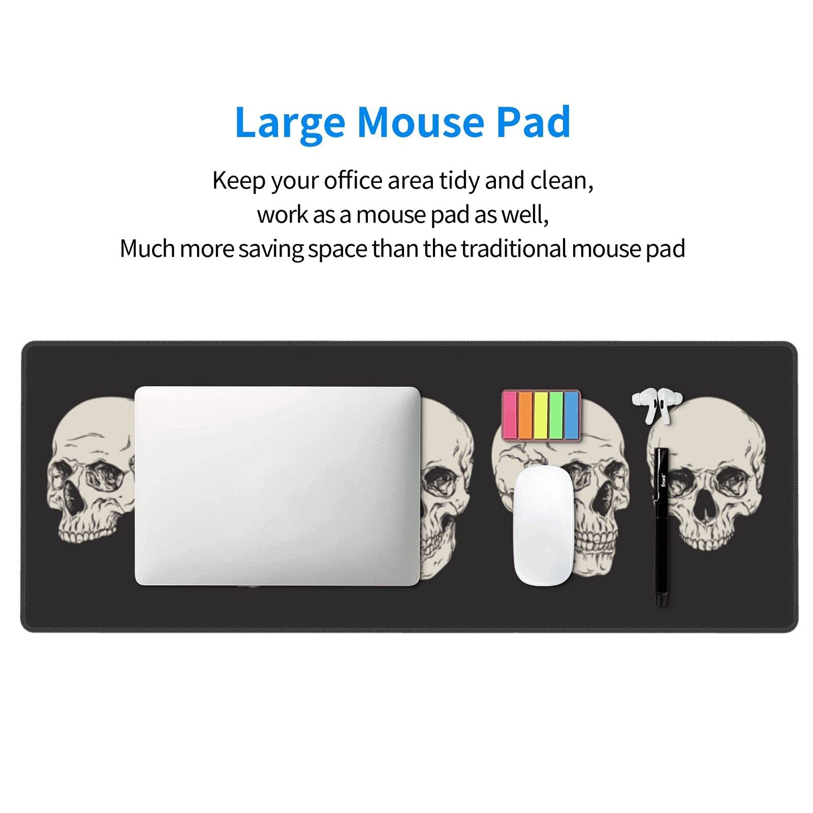 Human Skull Design Gaming Mouse Pad - Non-Slip XL Large Mouse Mat with Stitched Edges & Rubber Base for PC, Laptop, Computer - Perfect for Gaming Setup, Office Work, and Home Desk Accessories