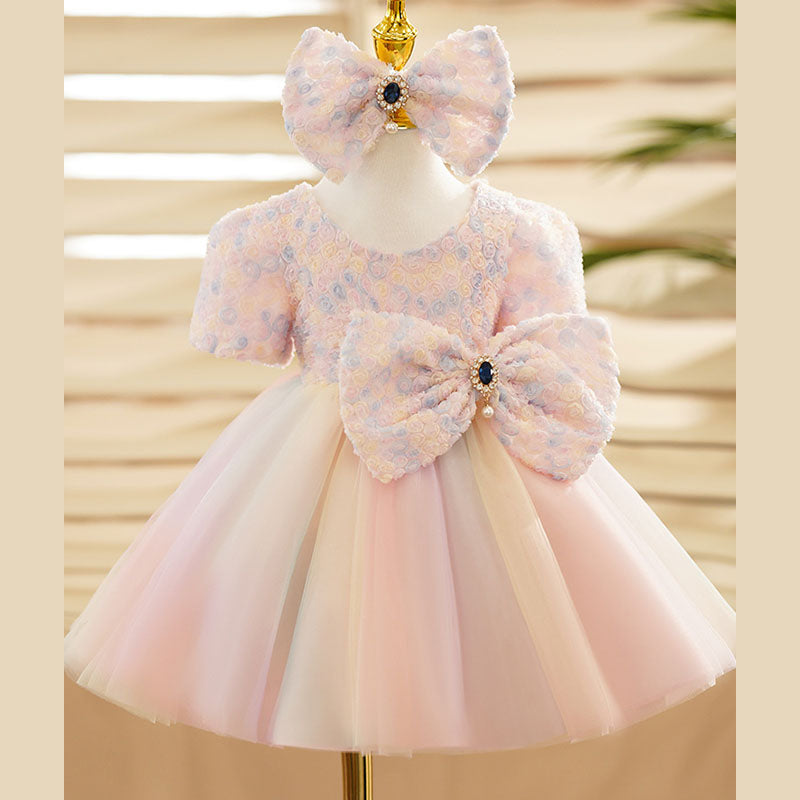 Pink Tulle Princess Flower Girl Dress with Bow & Puff Sleeves - Perfect for Weddings, Birthday Parties & Special Occasions