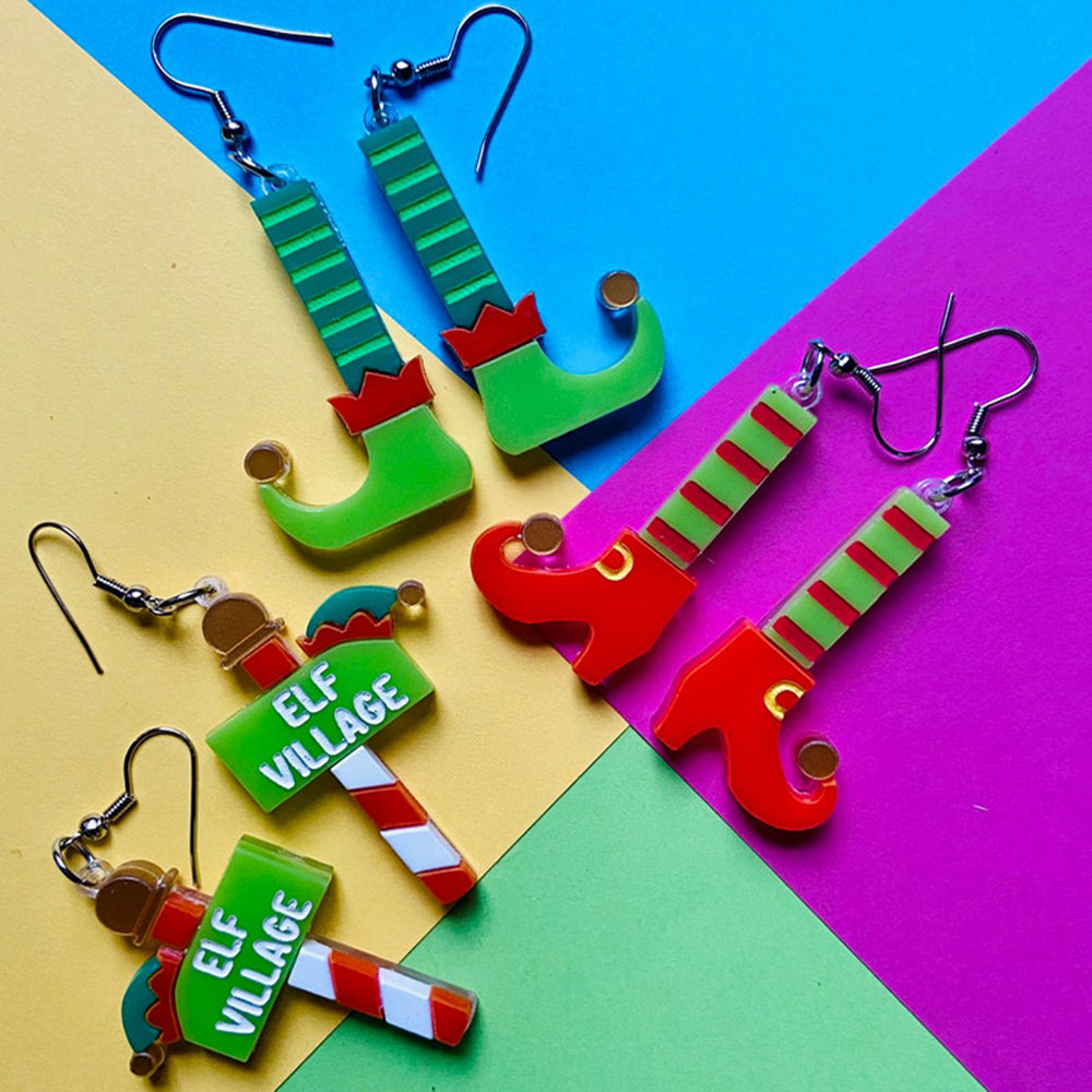 Christmas Elf Village Set with Acrylic Earrings & Cozy Elf Socks - Makokot Design Holiday Collection | Perfect for Gift Giving, Christmas Decor & Festive Outfits
