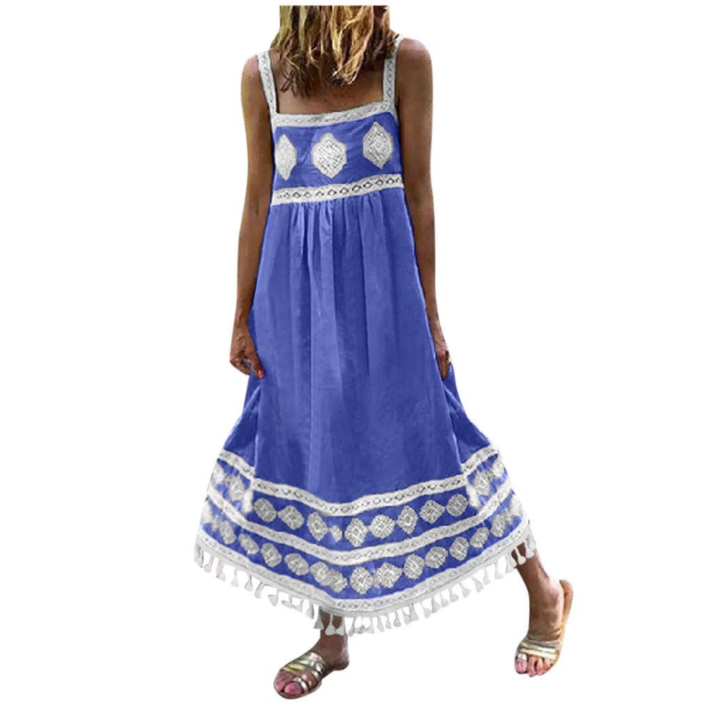 Boho Women's Maxi Dress with Tassel Print - Strappy Summer Beach Dress for Holidays & Vacations | Perfect for Beach Outings, Pool Parties & Summer Getaways