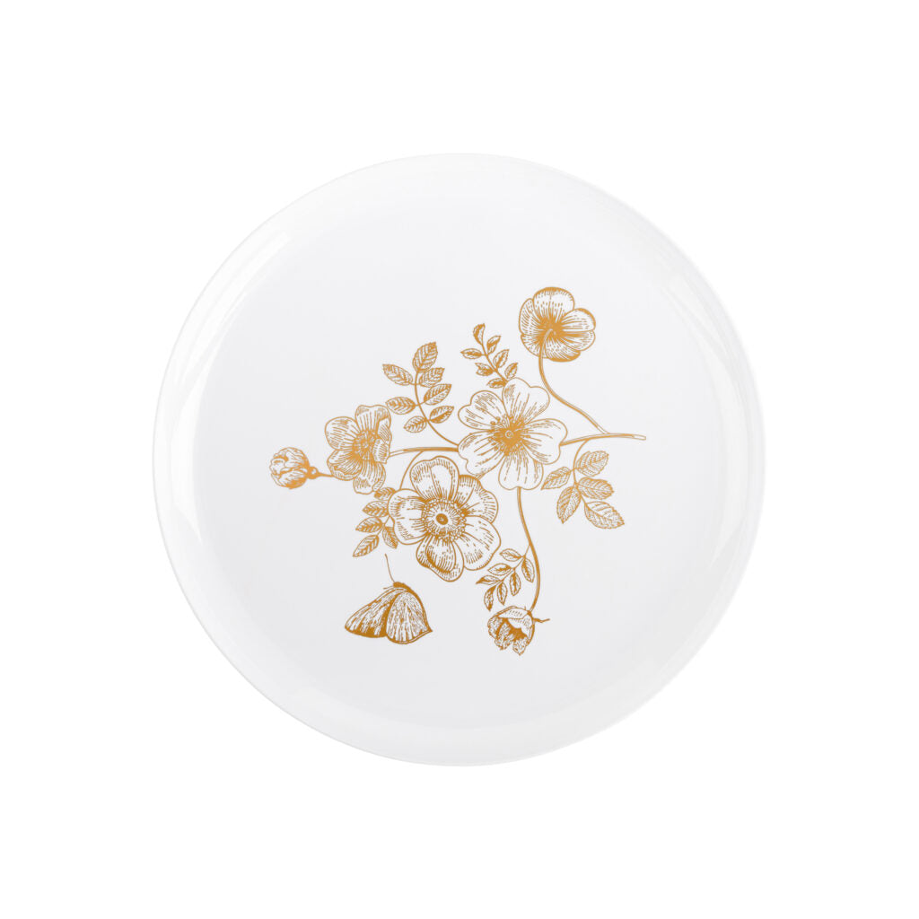 20-Pack White and Gold Round Plastic Dinnerware Set for 10 Guests - Elegant French Toile Design - Perfect for Weddings, Parties, and Outdoor Dining