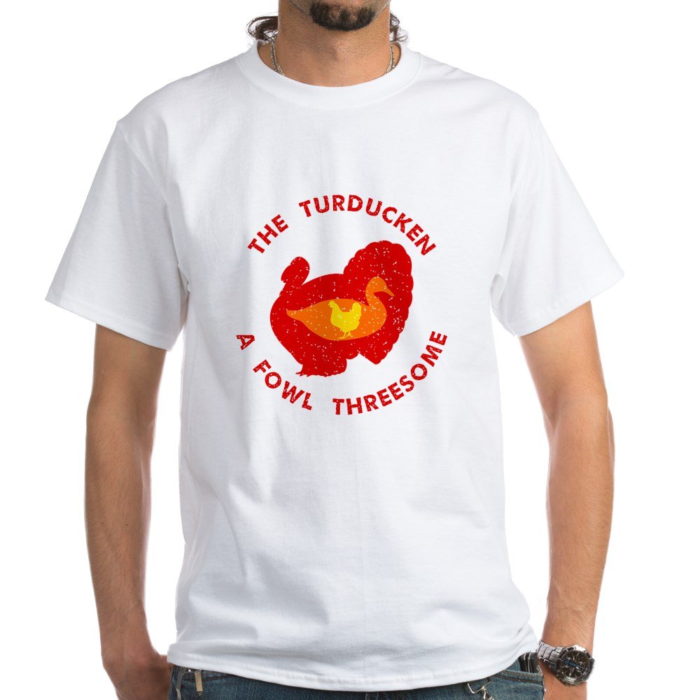 Turducken White Cotton T-Shirt - Funny Food Lover Tee for Men & Women - Perfect for Thanksgiving, Christmas & Foodie Parties