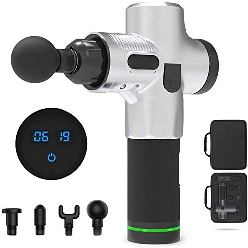 PsSpCo Professional Deep Tissue Massage Gun - 2019 Upgraded Electric Muscle Massager with 4 Interchangeable Heads, Portable Percussion Therapy Device for Athletes & Recovery (Silver) - Perfect for Post-Workout, Muscle Pain Relief & Relaxation at Home/Gym/Travel