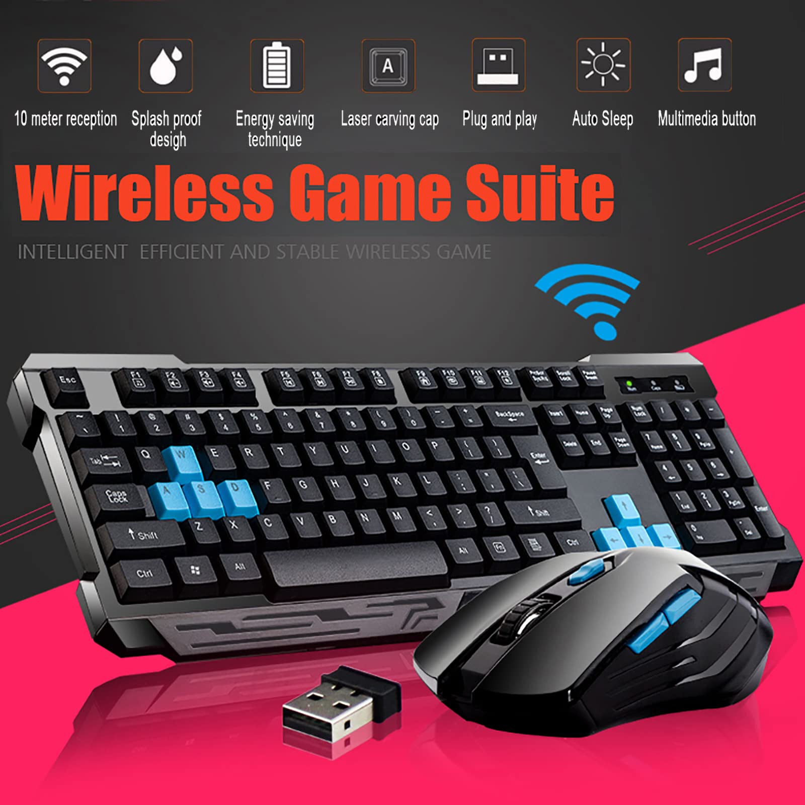 2.4GHz Wireless Keyboard and Mouse Combo - Ergonomic USB Cordless Keyboard with Optical Mouse for PC/Laptop - Perfect for Home Office, Gaming & Study (Black)