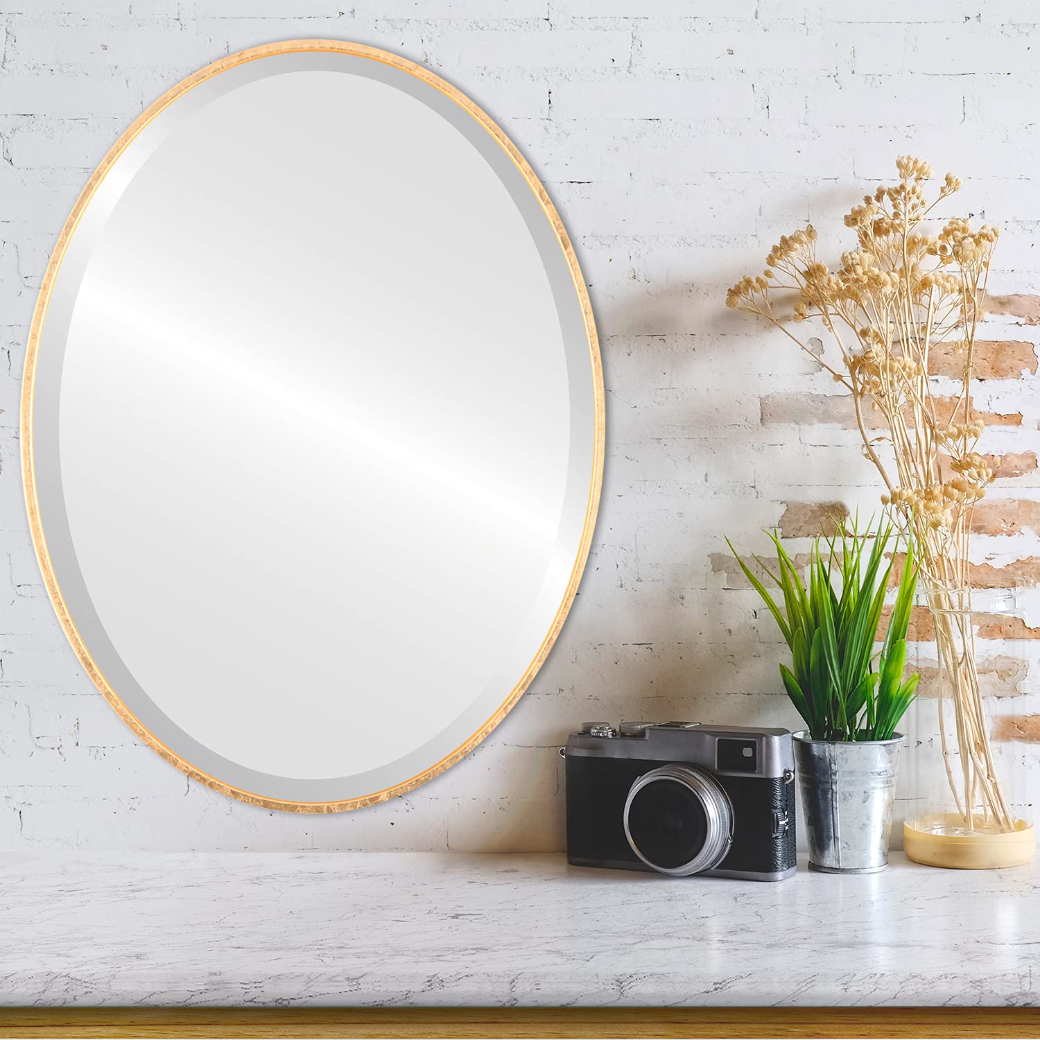 Oval Wooden Beveled Wall Mirror - Gold Leaf Frame - 30.6x40.6 Inches - Elegant Home Decor for Bathroom, Vanity, Bedroom, Living Room & Hallway - Perfect for Singapore Style Interior Design & Modern Spaces