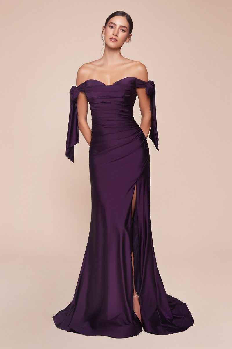 Elegant Off Shoulder Stretch Spandex Satin Dress with Ties in Amber & Eggplant Colors - Perfect for Evening Parties, Weddings & Special Occasions