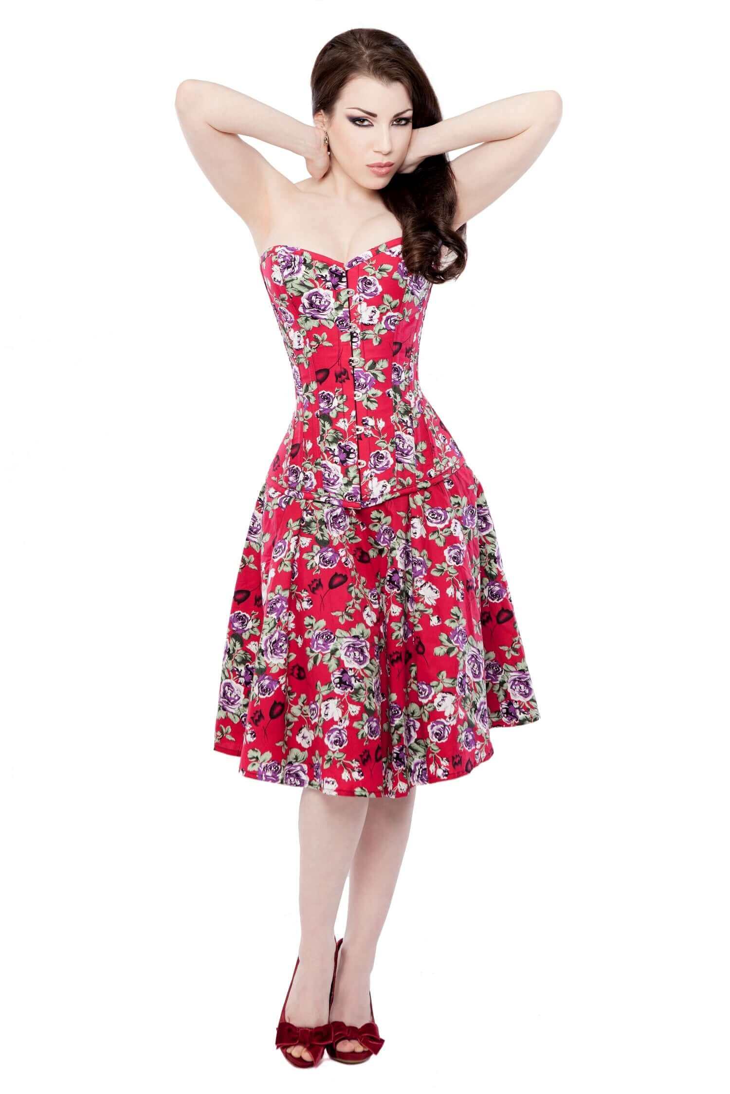 Elegant Red Floral Corset Dress with Long Lace-up Detail - Perfect for Evening Parties, Date Nights & Special Occasions