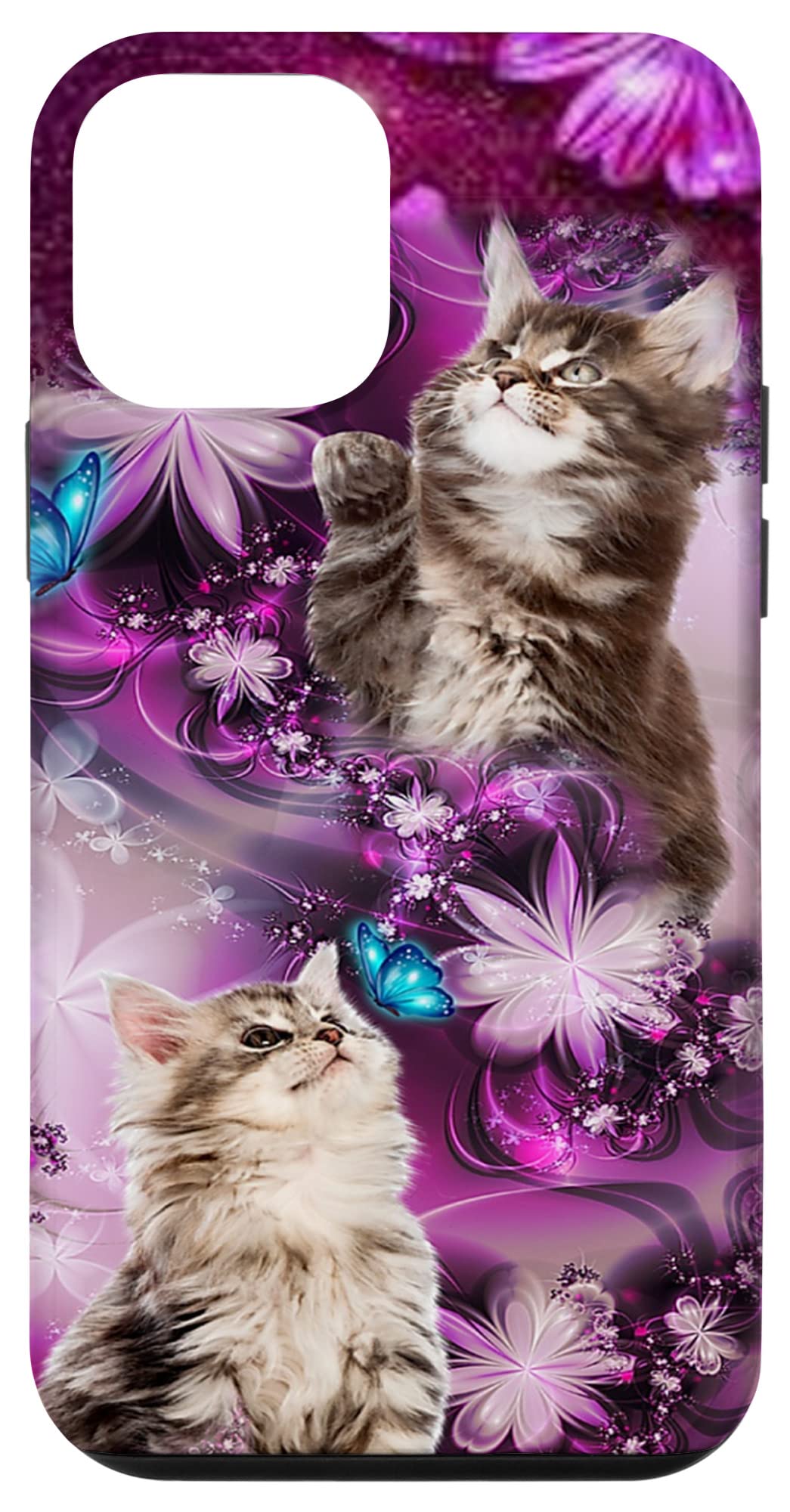 iPhone 12 Mini Case with Cute Maine Coon Cat Kitten, Flowers & Butterflies Design - Durable PC Protective Cover for Everyday Use, Work & School