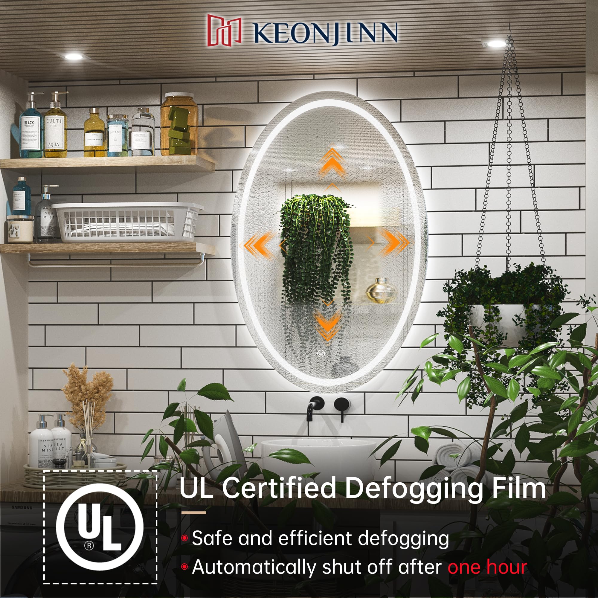 Keonjinn 24 x 36 Inch LED Bathroom Mirror with Anti-Fog & Dimmable Front Lighting - Shatter-Proof Oval Vanity Mirror with Memory Function (CRI 90+) - Perfect for Modern Bathrooms, Makeup Areas & Dressing Rooms