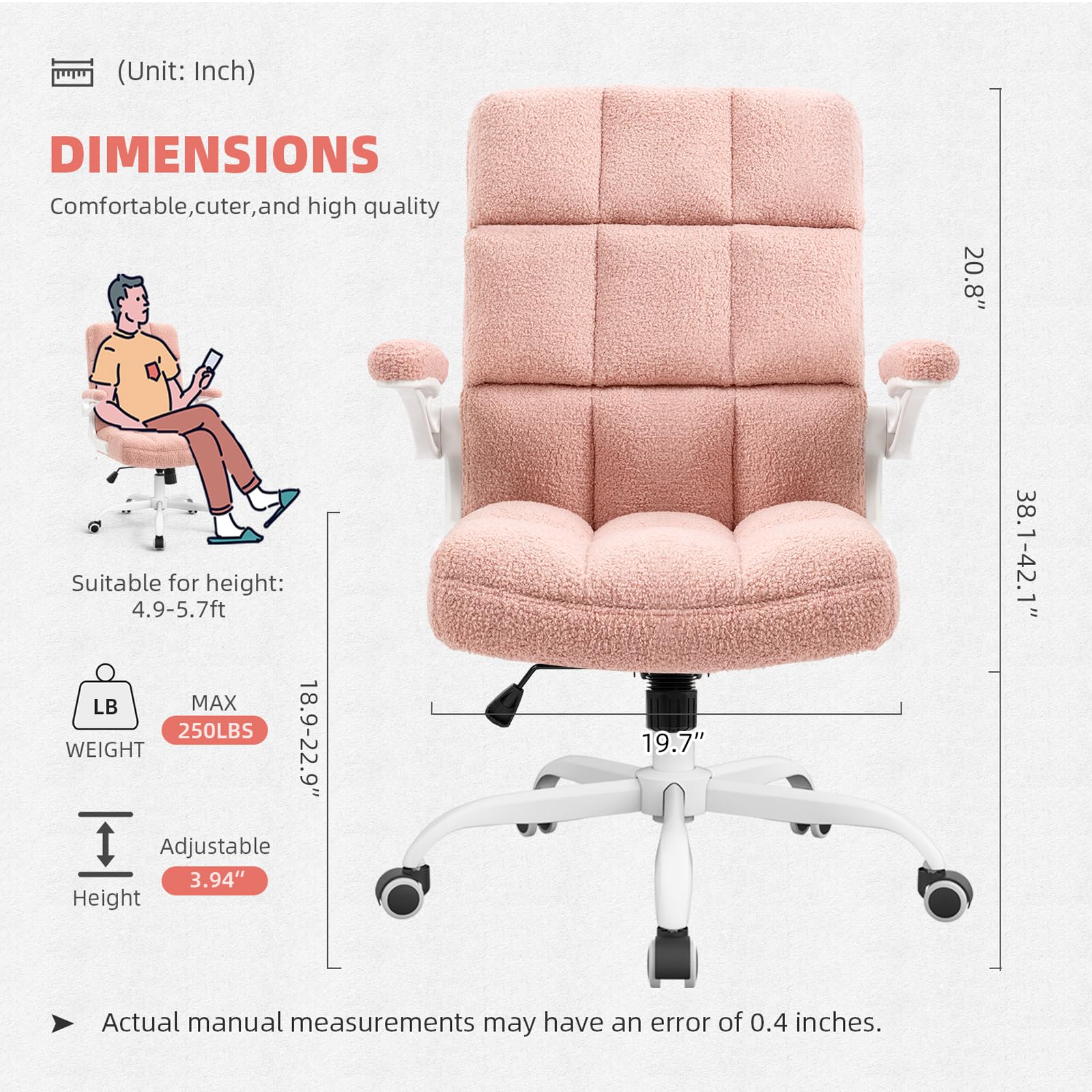 Ergonomic Pink Office Chair with Flip-Up Arms - Adjustable Height Rolling Desk Chair with Wheels - Soft Faux Fur Teddy Fleece Material - Perfect for Women's Home Office, Gaming, and Study Spaces