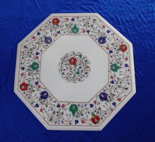 24 Inch White Marble Coffee Table Top with Floral Pietra Dura Inlay Art - Mughal Design Decorative Home Decor for Living Room & Office