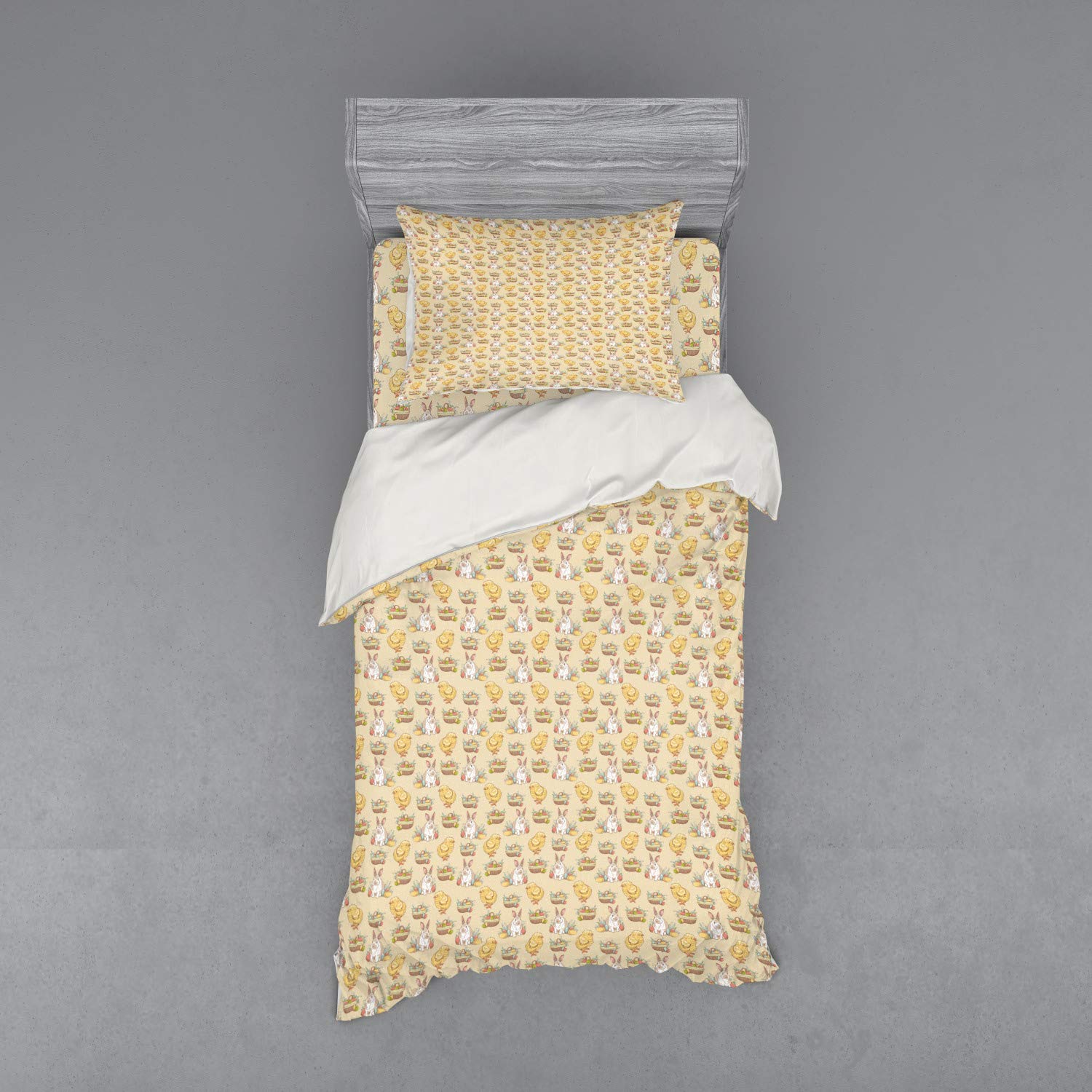 Ambesonne Easter Duvet Cover Set - Vintage Hand-Painted Chicken, Rabbit & Egg Basket Design, 3-Piece Twin Size Bedding with Sham & Fitted Sheet | Perfect for Spring Decor, Easter Themed Bedrooms & Holiday Guest Rooms