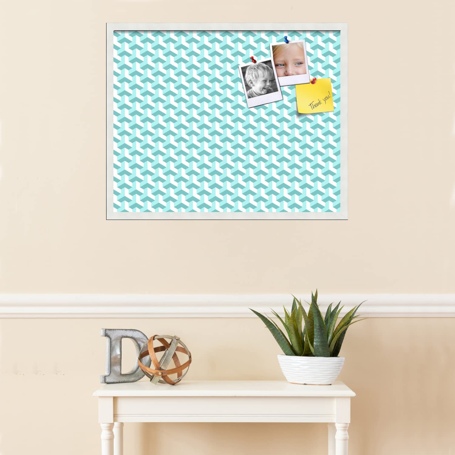 PinPix 30x24 Inch Cork Bulletin Board with BAUS Aqua Design & Satin White Frame - Decorative Wall Memo Board for Home Office, School Classroom, Dorm Room & Workspace Organization