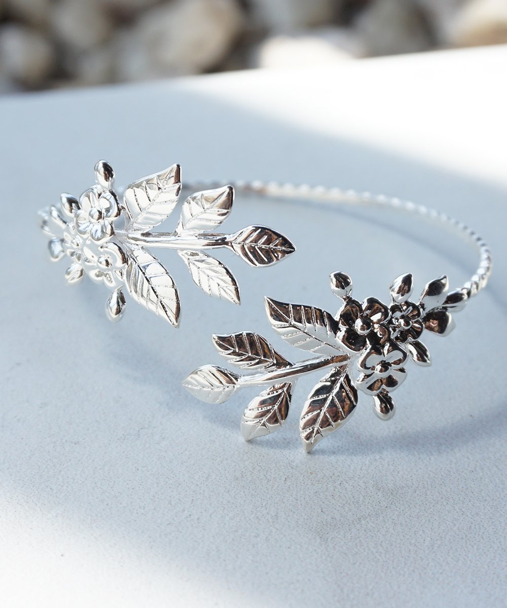 Floral Leaf Gold or Silver Plated Adjustable Goddess Bangle Bracelet Arm Cuff - Elegant Boho Jewelry for Women, Perfect for Casual Wear, Parties & Festivals