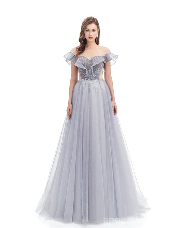 Elegant Grey A-Line Short Sleeve Off-Shoulder Long Prom Dress for Women - Perfect for Homecoming, Formal Events & Evening Parties