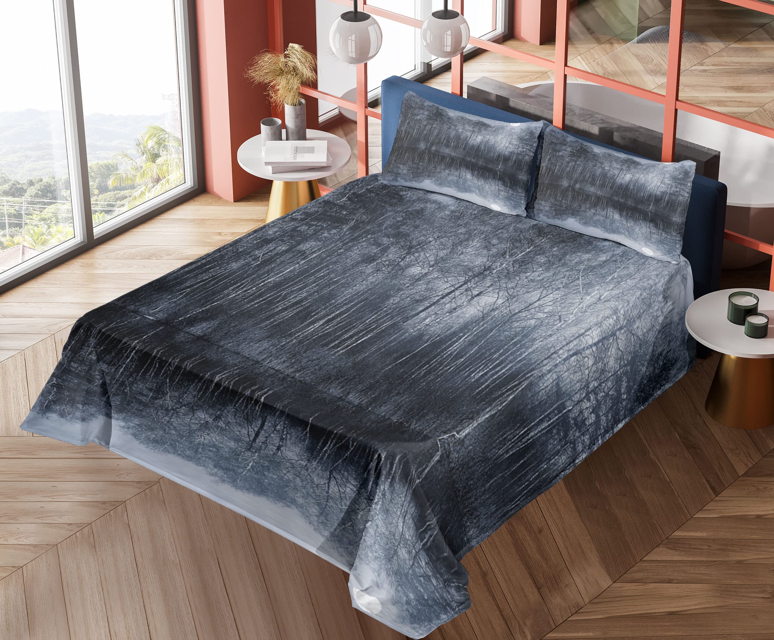 Ambesonne Nature 4-Piece King Sheet Set - Winter Forest Lake Landscape with Moon Print, Purple Blue & Black - Fitted & Flat Sheets with Pillowcases - Cozy Bedroom Decor for Cabin, Lodge & Nature-Themed Rooms