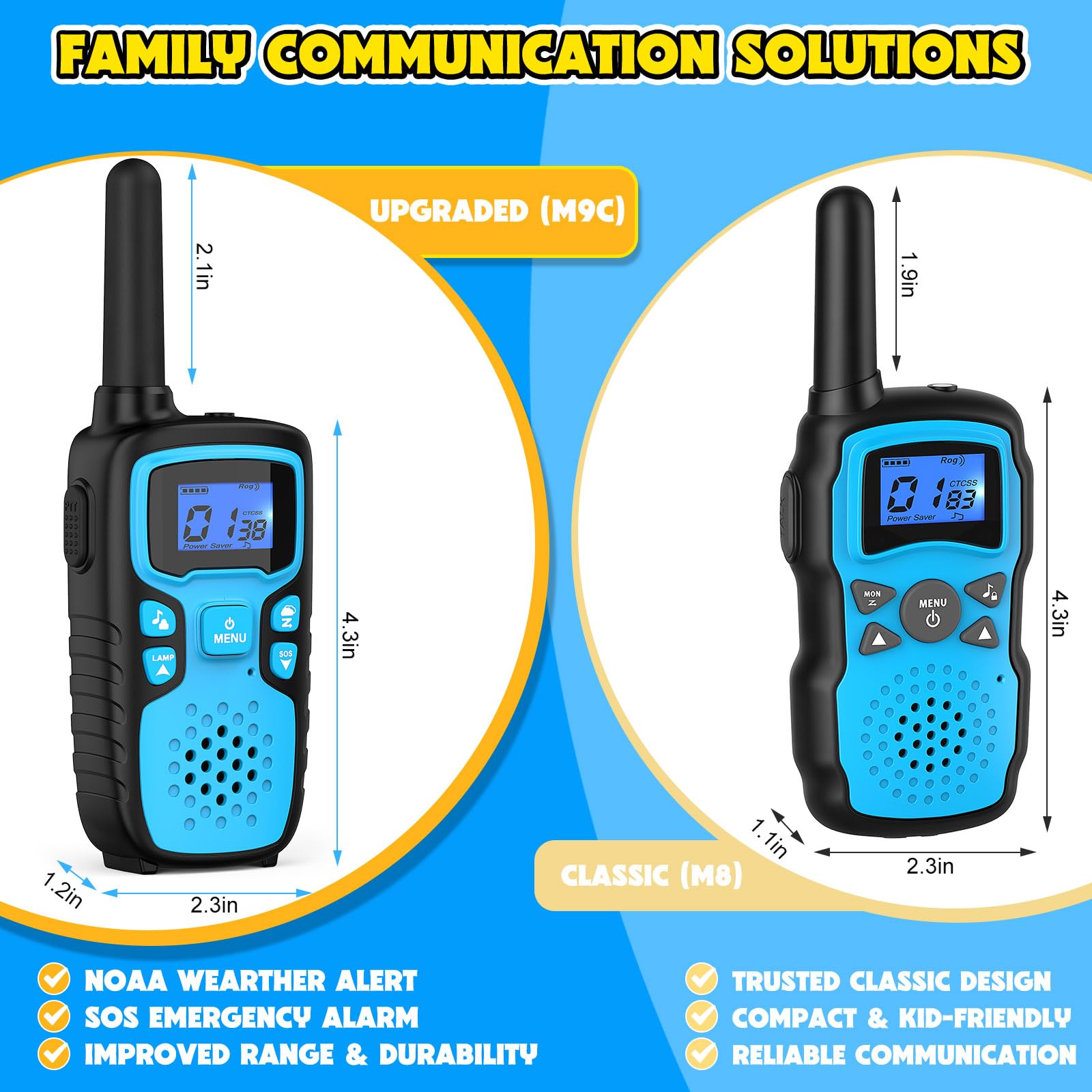 Wishouse Rechargeable Kids Walkie Talkies - Long Range 4 Pack with NOAA Weather Alert, SOS Siren & Flashlight - Perfect Christmas Birthday Gift for Boys Girls Ages 4-9 - Ideal for Hiking, Camping, Outdoor Adventures & Family Games