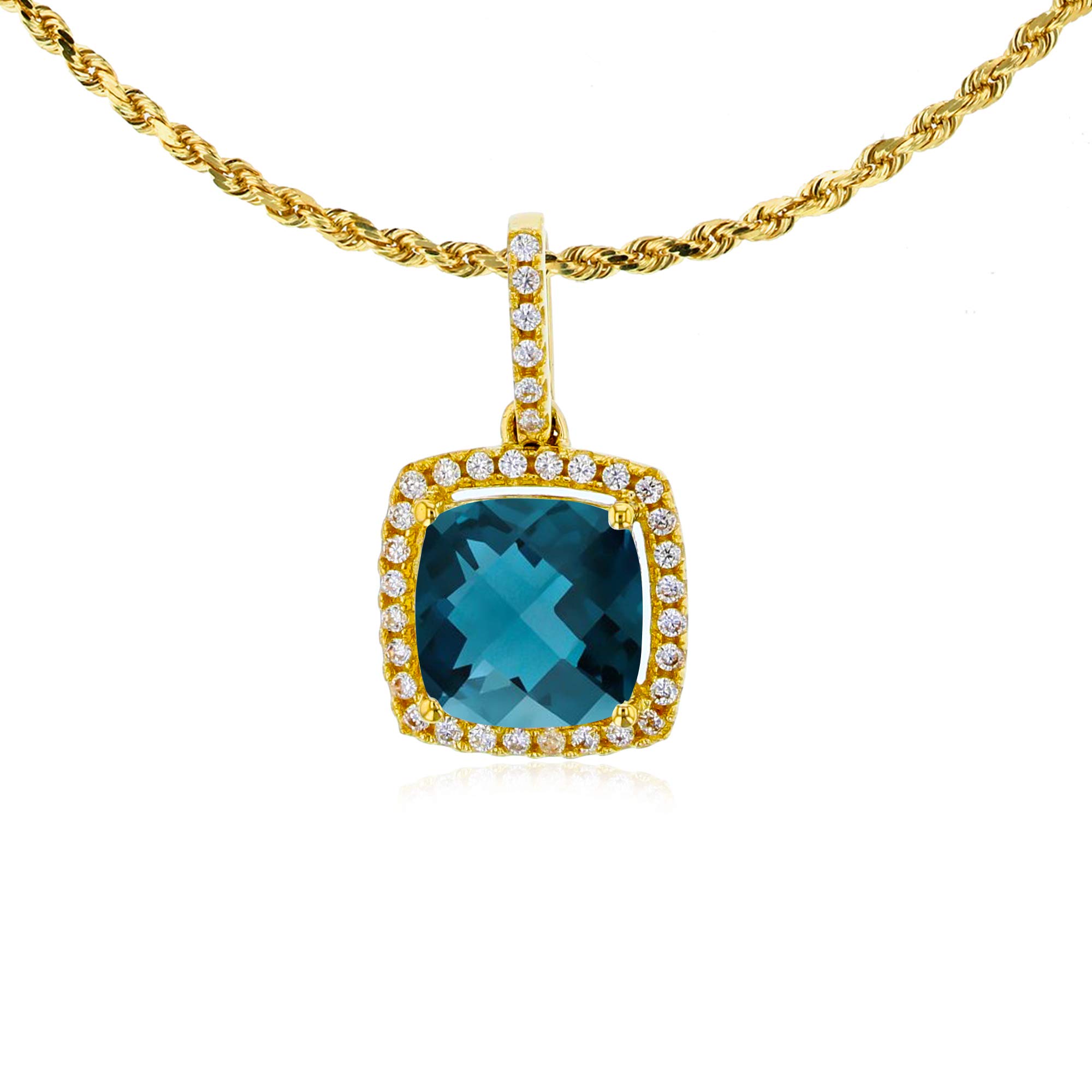 14K Yellow Gold 7mm Cushion London Blue Topaz & 0.14 CTTW Diamond Halo Necklace - 18