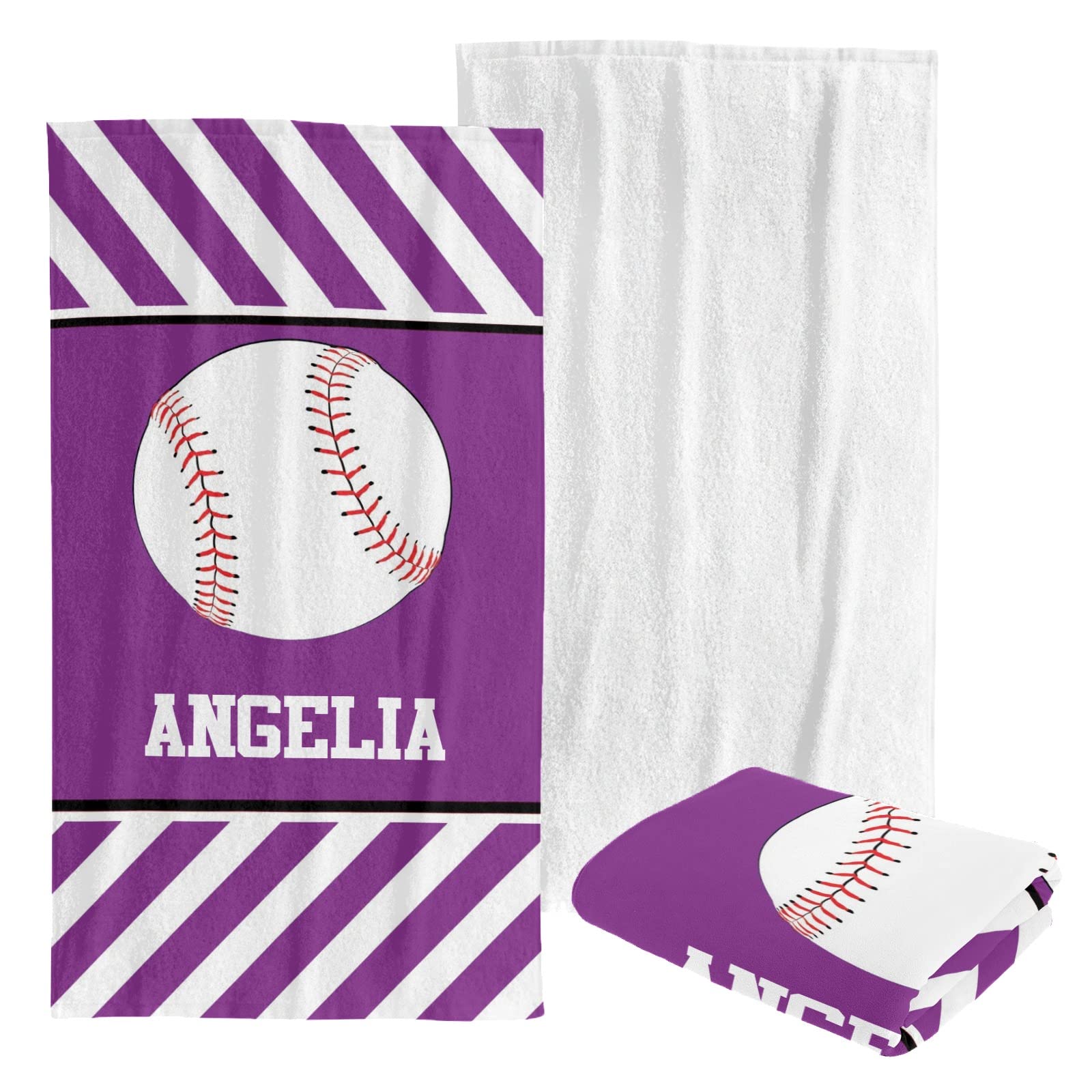 Custom Personalized Beach Towel - Soft Quick-Dry Striped Bath Towel for Swimming, Pool, Travel - Ideal for Kids, Men, Women, Boys & Girls (Purple Baseball Design) - Perfect for Beach Vacations, Summer Outings & Water Sports