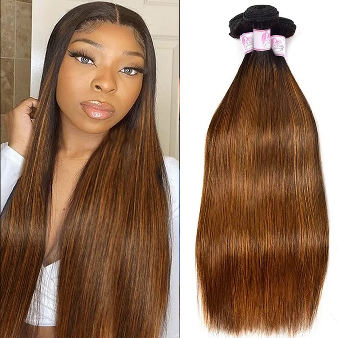 Beauty Forever Malaysian Straight Virgin Human Hair Weaves - 3 Bundles #FB30 Balayage Ombre Hair Extensions (20/22/24 Inch) for Styling & Volume - Perfect for Daily Wear, Parties & Special Occasions