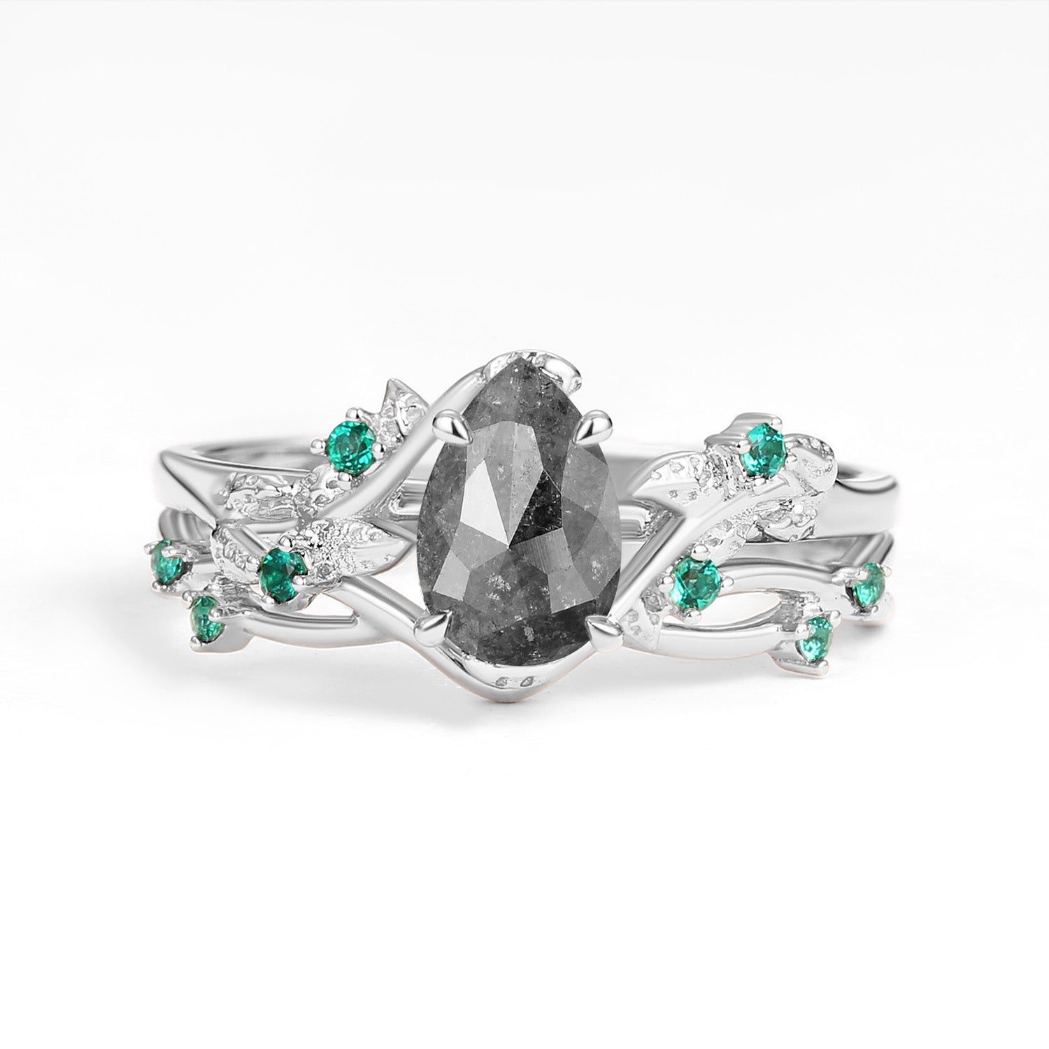 Nature Inspired Pear Shaped Moss Agate Leaf Ring Set - 2 Piece Sterling Silver Bohemian Jewelry for Women - Perfect for Boho Wedding, Nature Lover Gift & Everyday Wear