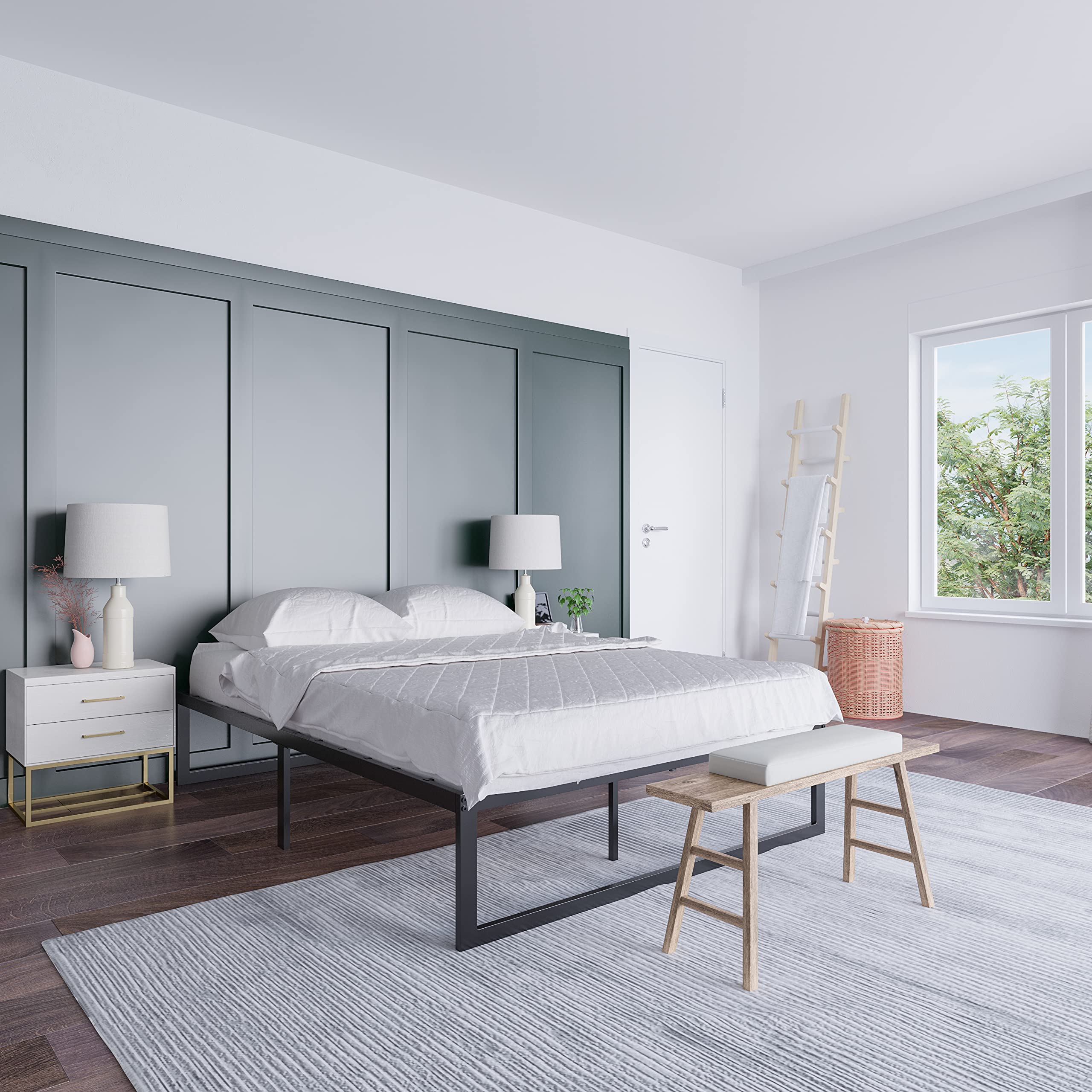 EMMA + OLIVER 14 Inch Full Metal Platform Bed Frame with Steel Slat Support - No Box Spring Needed - Sturdy Queen/King Size Bed Frame for Modern Bedroom & Guest Room