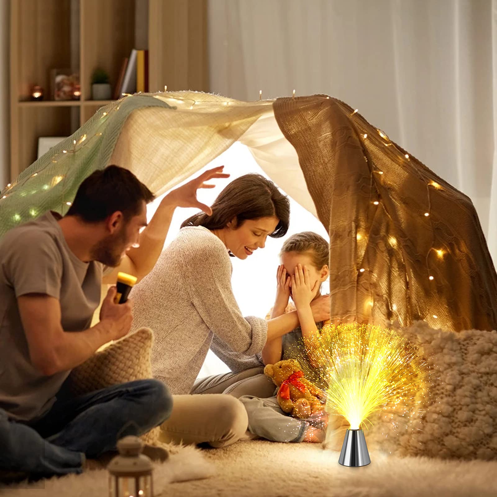 Color Changing LED Fiber Optic Lamp with Cone Base - Battery Powered Sensory Light for Relaxation & Stress Relief - Calming Mood Night Light for Kids Bedroom, Nursery, Meditation Room & Therapy Sessions