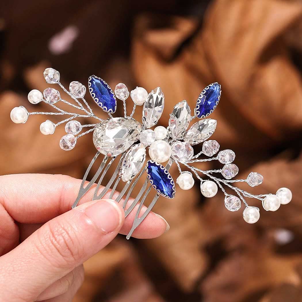 Blue Rhinestone Wedding Hair Comb - Silver Bridal Hair Accessories for Women | Elegant Decorative Hairpiece for Brides, Prom, Formal Events & Special Occasions (Style 3)