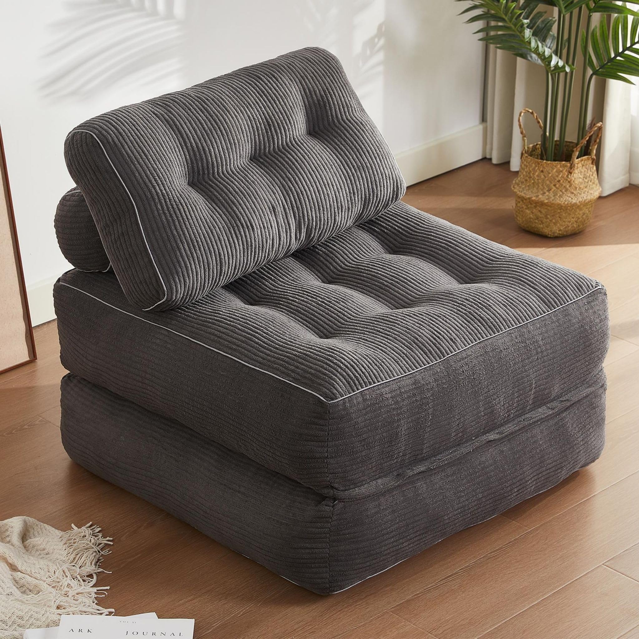Convertible Folding Chair Bed - Multi-Functional Futon Sofa Bed for Living Room, Bedroom & Small Spaces - Grey Floor Couch for Adults - Perfect for Guest Sleeping, Lounging & Space Saving