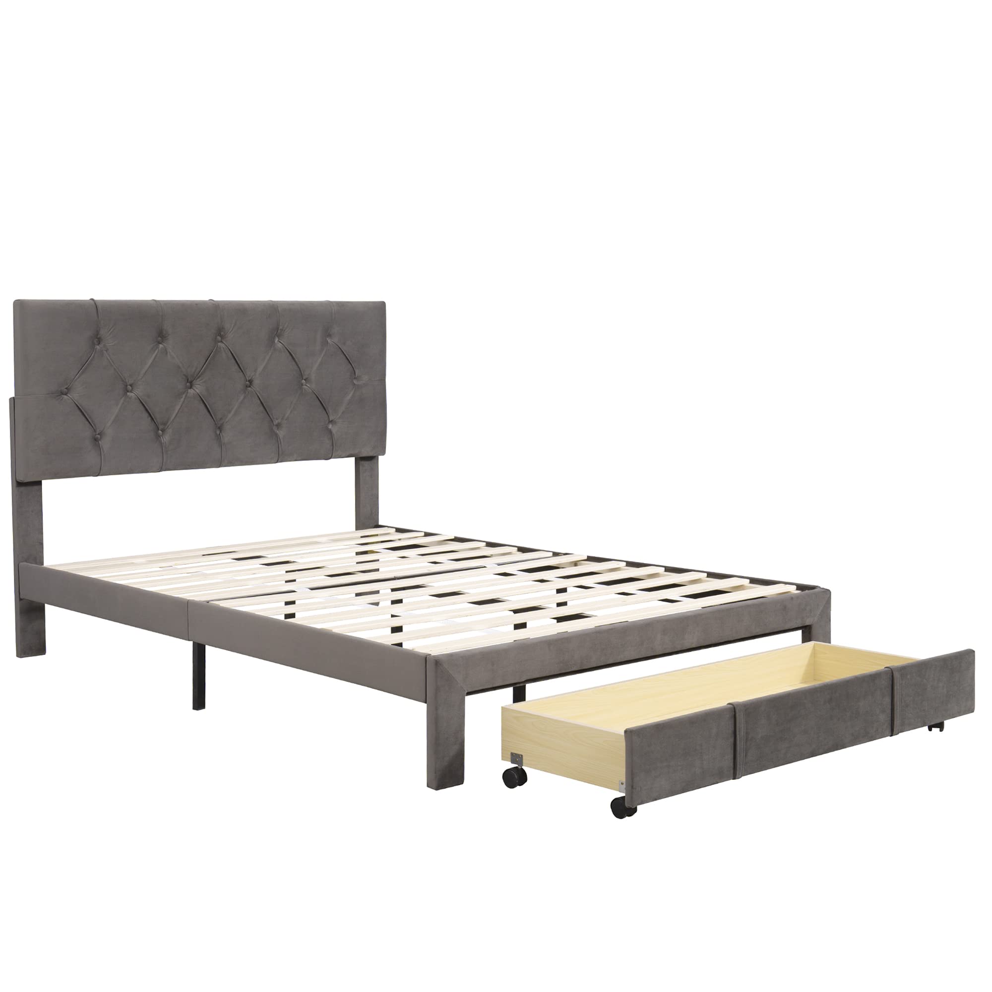 Merax Full Storage Bed Frame with Adjustable Headboard - Grey, No Box Spring Needed for Bedrooms