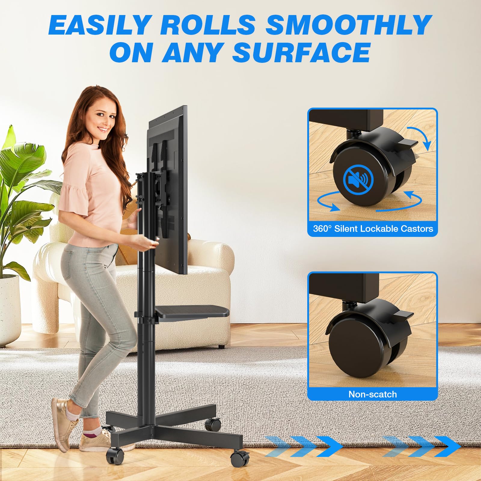**RFiver Rolling TV Stand with Laptop Shelf – Height Adjustable Mobile TV Cart for 32-70 Inch TVs (Up to 88lbs) – Upgraded Wheels for Smooth Mobility – Perfect for Home, Office & Outdoor Use**