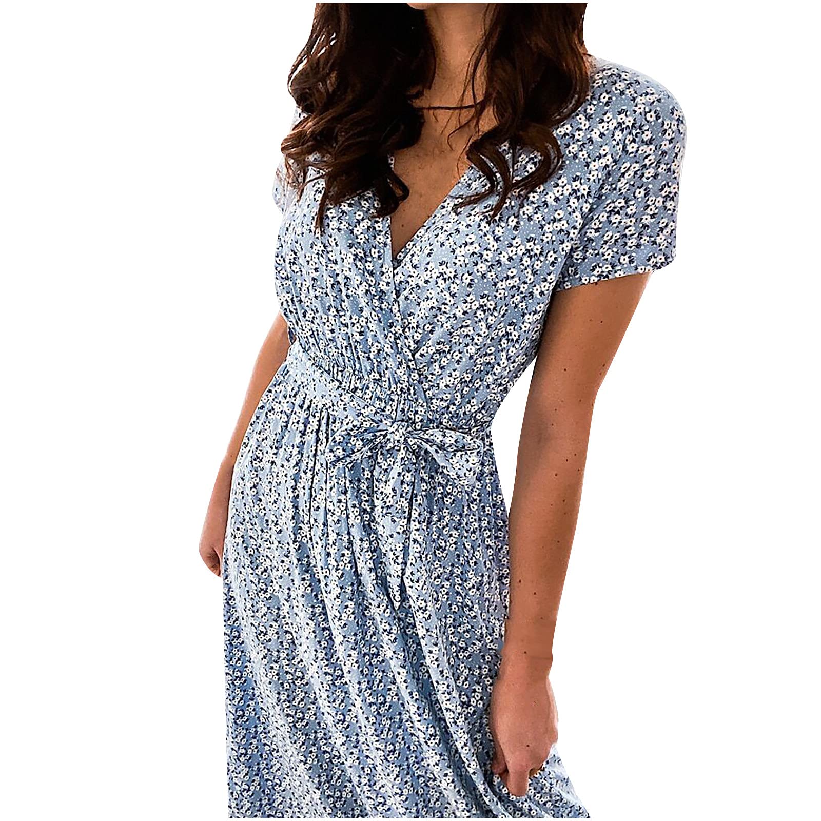 Women's Casual Loose Midi Dress - Summer Beach V-Neck Bohemian Floral Print Dress with Elegant Belt | Perfect for Wedding Guest, Vacation, Beach Outings & Date Nights