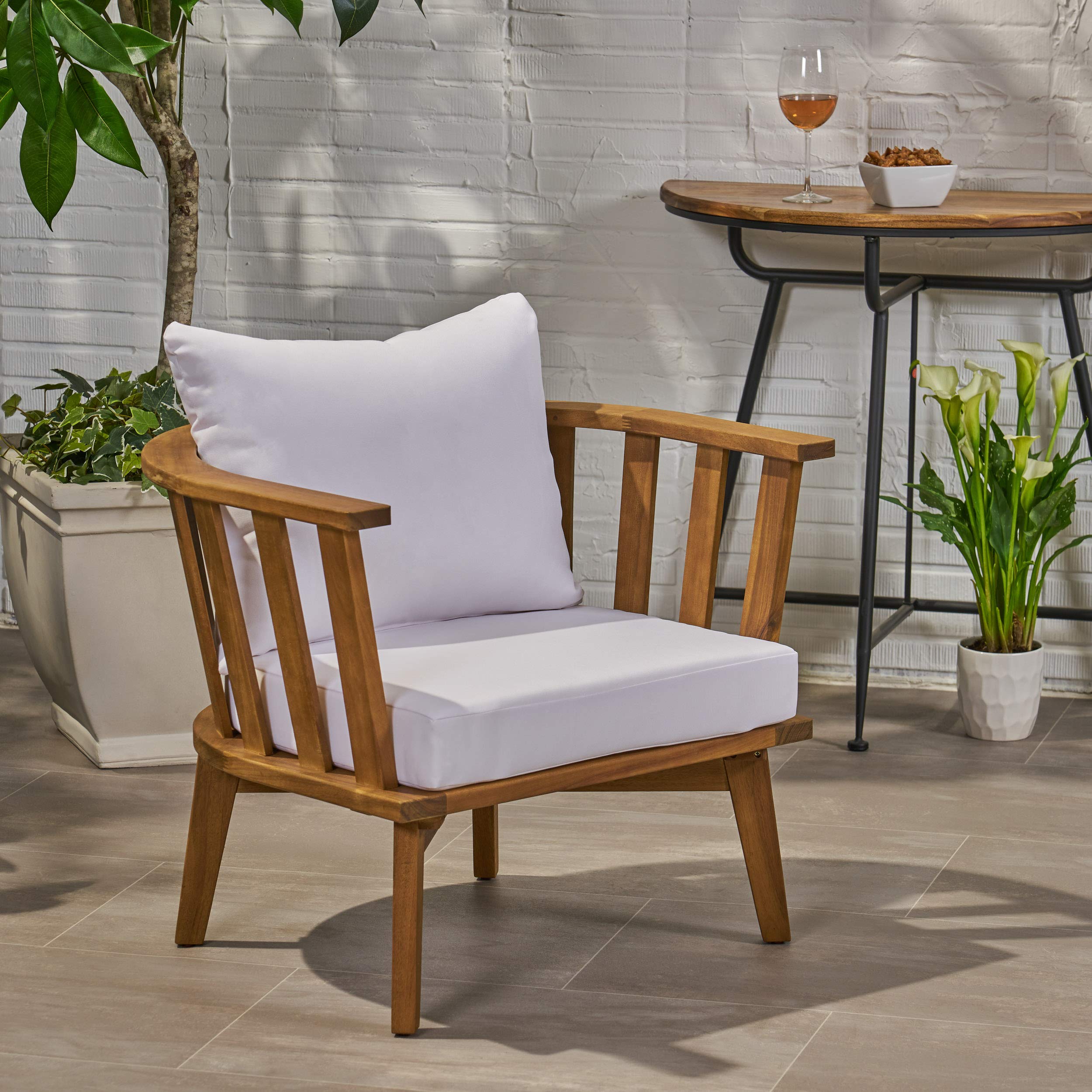 Christopher Knight Home Dean Outdoor Wooden Club Chair with Cushions - White & Teak Finish - Patio, Garden, Poolside, or Deck Lounge Chair for Relaxing Outdoors