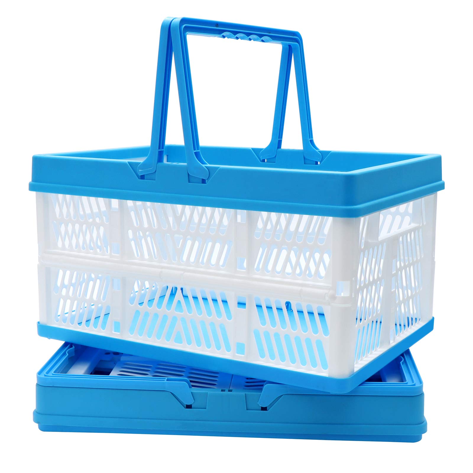 Foldable Plastic Grocery Basket - Stackable Milk Crate with Handles, Collapsible Storage Bin for Shopping, Laundry & Organizing (2-Pack) - Perfect for Supermarkets, Pantry Storage & Home Organization