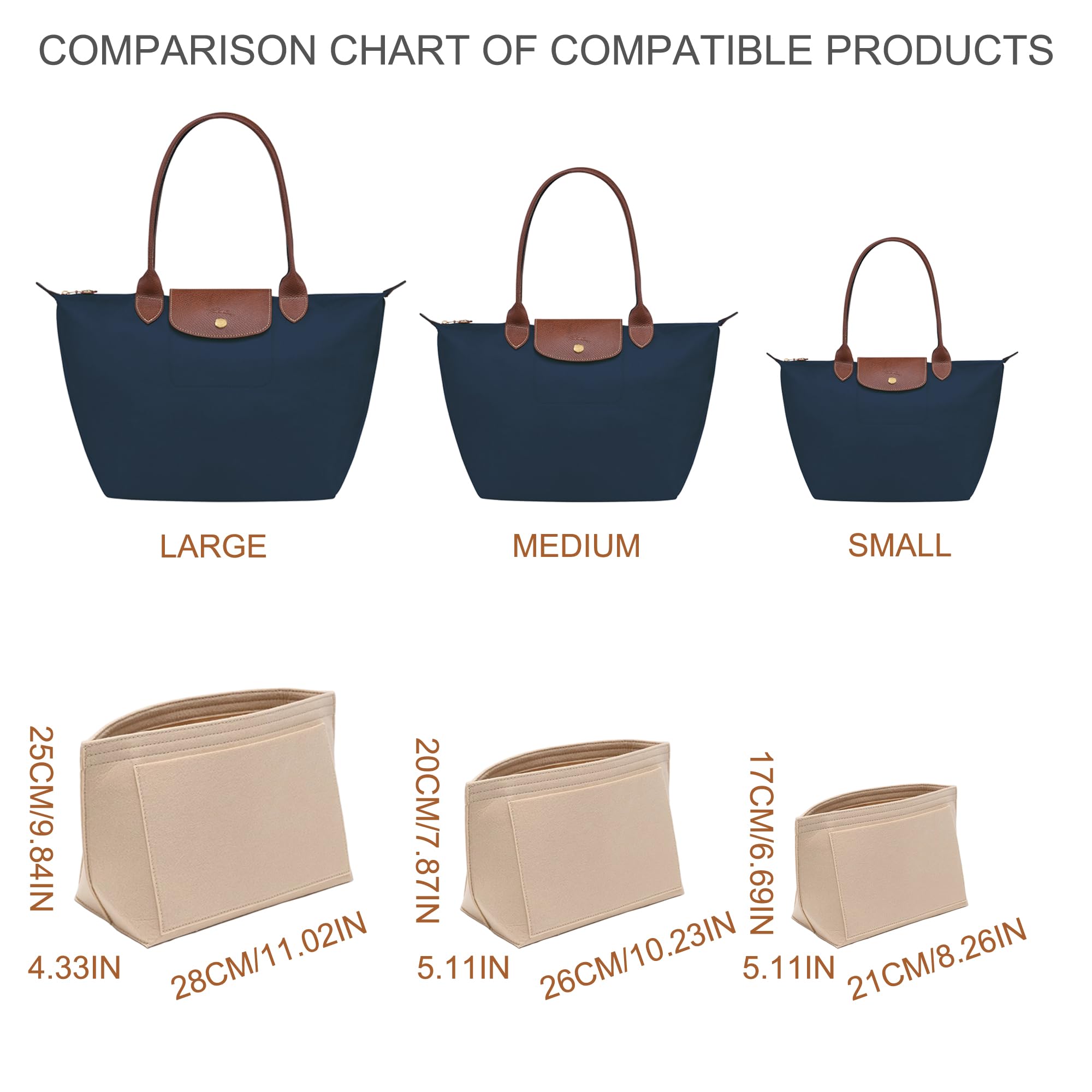 Premium Purse Organizer Insert for Longchamp Le Pliage Tote - Handbag Organizer with Cup Holder - Fits Large/Small LE PLIAGE Totes & Top Handle Bags (Beige, 11