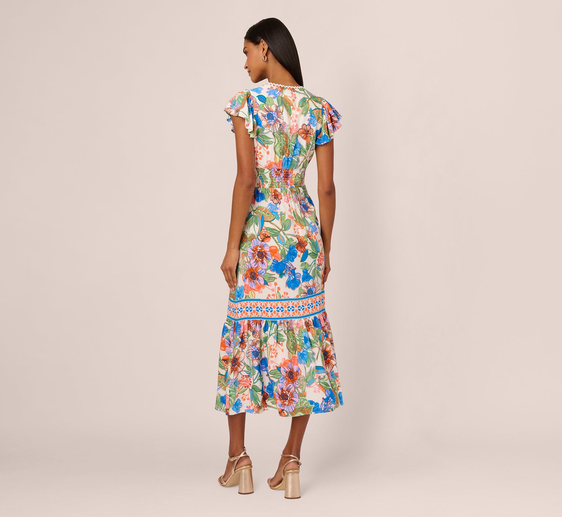 Bright Floral Print Midi Dress with Flutter Sleeves in Blue Green Multi | Women's Summer Boho Dress for Beach, Vacation & Date Night