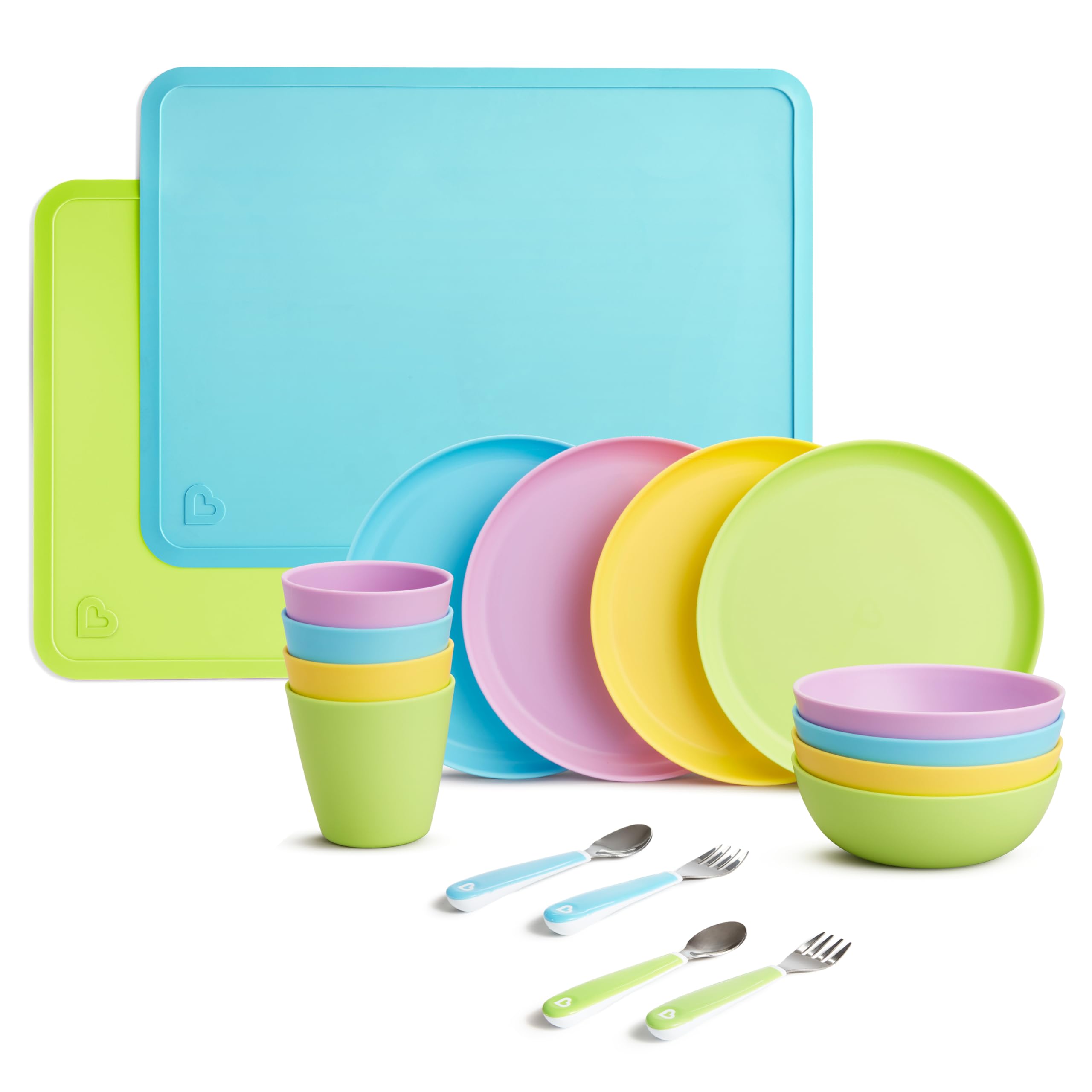 Munchkin Toddler Dining Set - 12-Piece Baby Feeding Essentials with Plates, Bowls, Cups & Utensils + Silicone Placemats | BPA-Free Dishware for Kids | Perfect for Home, Daycare & Travel Meals