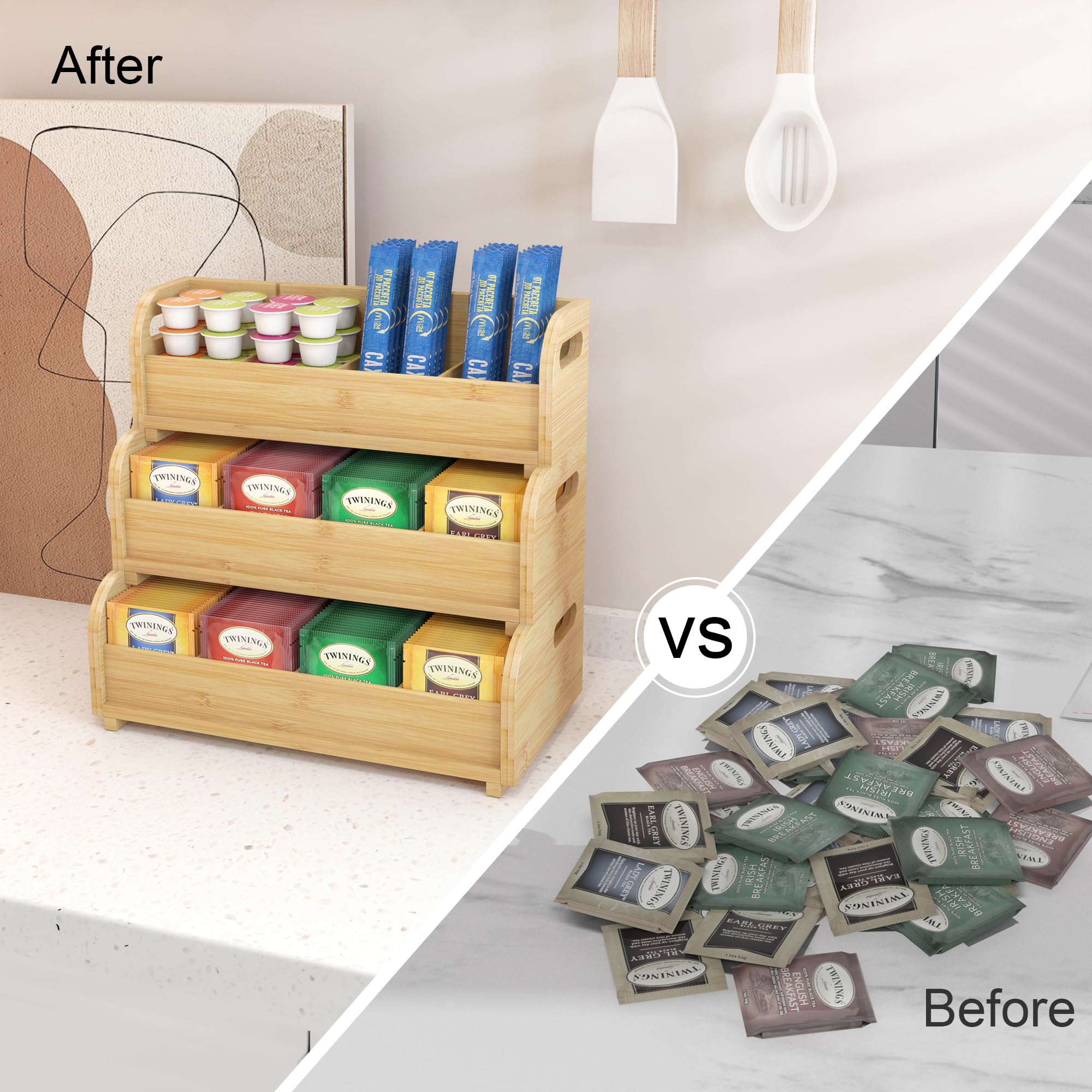 3-Tier Stackable Bamboo Tea Bag Organizer - Large Capacity Wall Mount Tea Storage Box for Tea Bags | Perfect for Kitchen, Office & Tea Lover's Home Decor (Natural Finish)