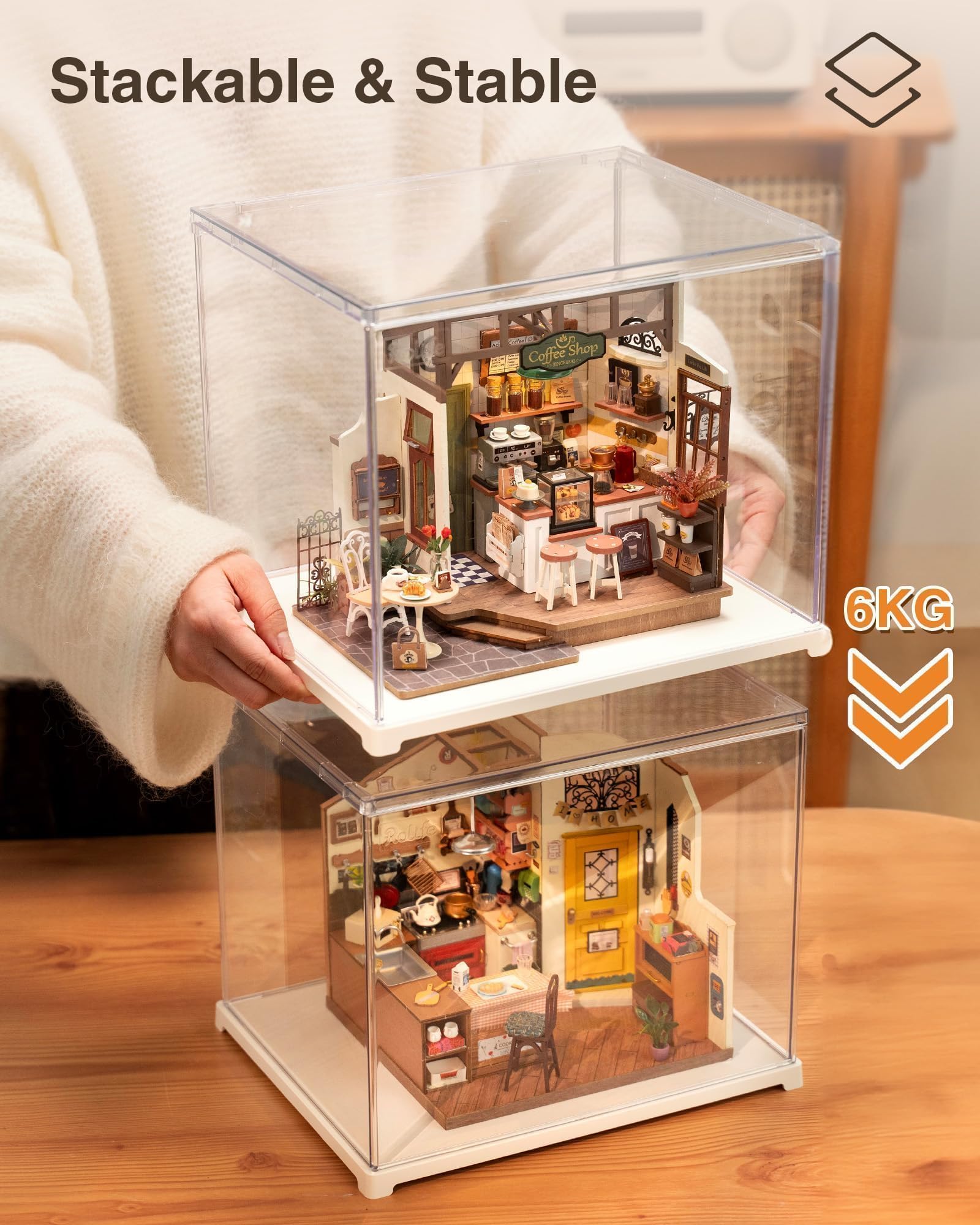 Rolife Clear Acrylic Display Case for Collectibles - Easy Assembly Dust Proof Showcase with Wooden Base | Stackable Storage Box for Action Figures, Funko Pops, LEGO Sets | Perfect for Home Decor, Office Display & Collection Protection