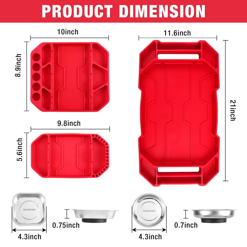 WORKPRO 5-Piece Non-Slip Tool Tray Set with 3 Silicone Organizers & 2 Magnetic Trays - Durable Tool Mat, Holder & Storage Solution for Mechanics, DIY & Workshop Organization