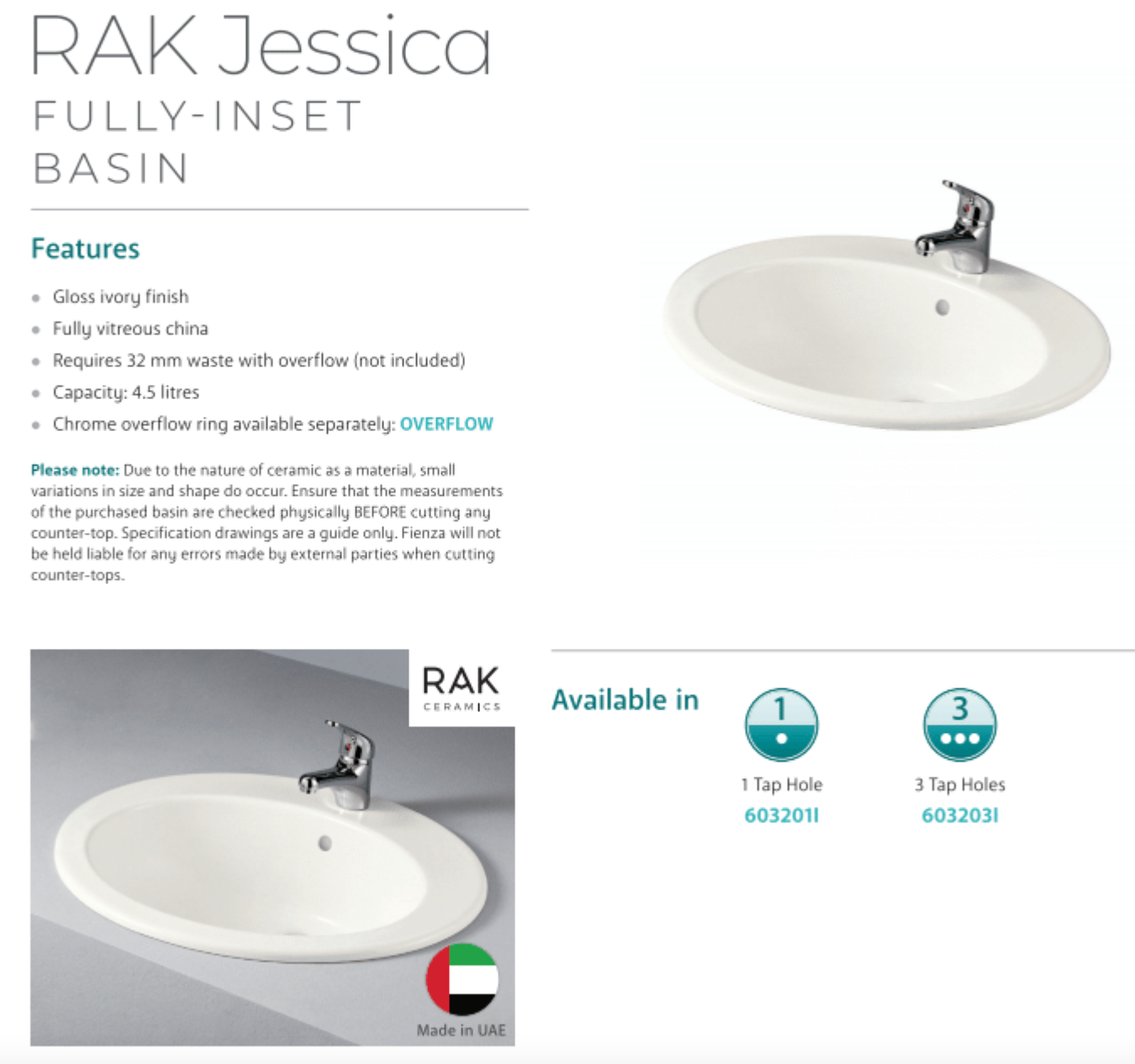 Fienza 603201I Jessica Inset RAK 1 Tap Hole Bathroom Sink in Ivory - Perfect for Modern Vanities & Powder Rooms