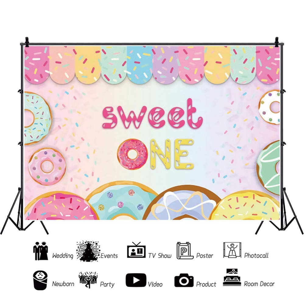 10x8ft Sweet Donut Theme Photography Backdrop - First Birthday Party Decor, Girls Cake Table Banner, Photo Studio Background Wallpaper for Children's Party & Baby Shower Decorations