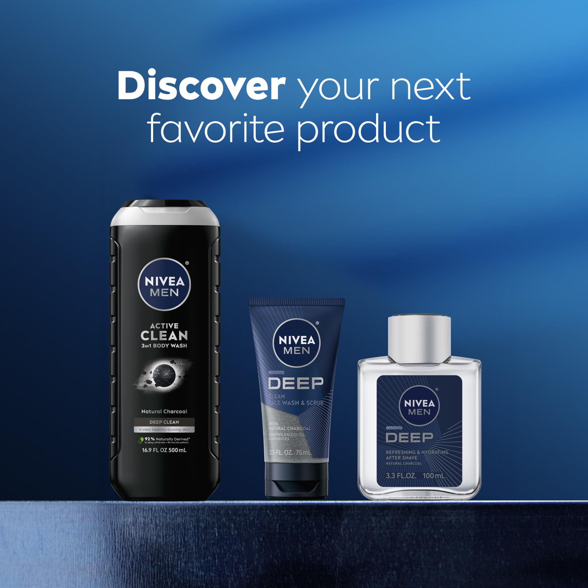 NIVEA MEN Active Clean 3-in-1 Charcoal Body Wash, Face & Hair Cleanser - Natural Charcoal for Normal to Oily Skin, Deep Cleansing to Remove Dirt & Impurities, 16.9 Fl Oz (Pack of 3) | Perfect for Gym, Travel & Daily Shower Routine