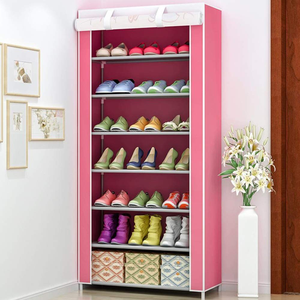 7-Tier Shoe Rack Organizer - Non-Woven Fabric Shoe Cabinet Holds 21 Pairs - Adjustable Standing Shoe Storage for Entryway, Closet & Bedroom - Easy Assembly (Pink)