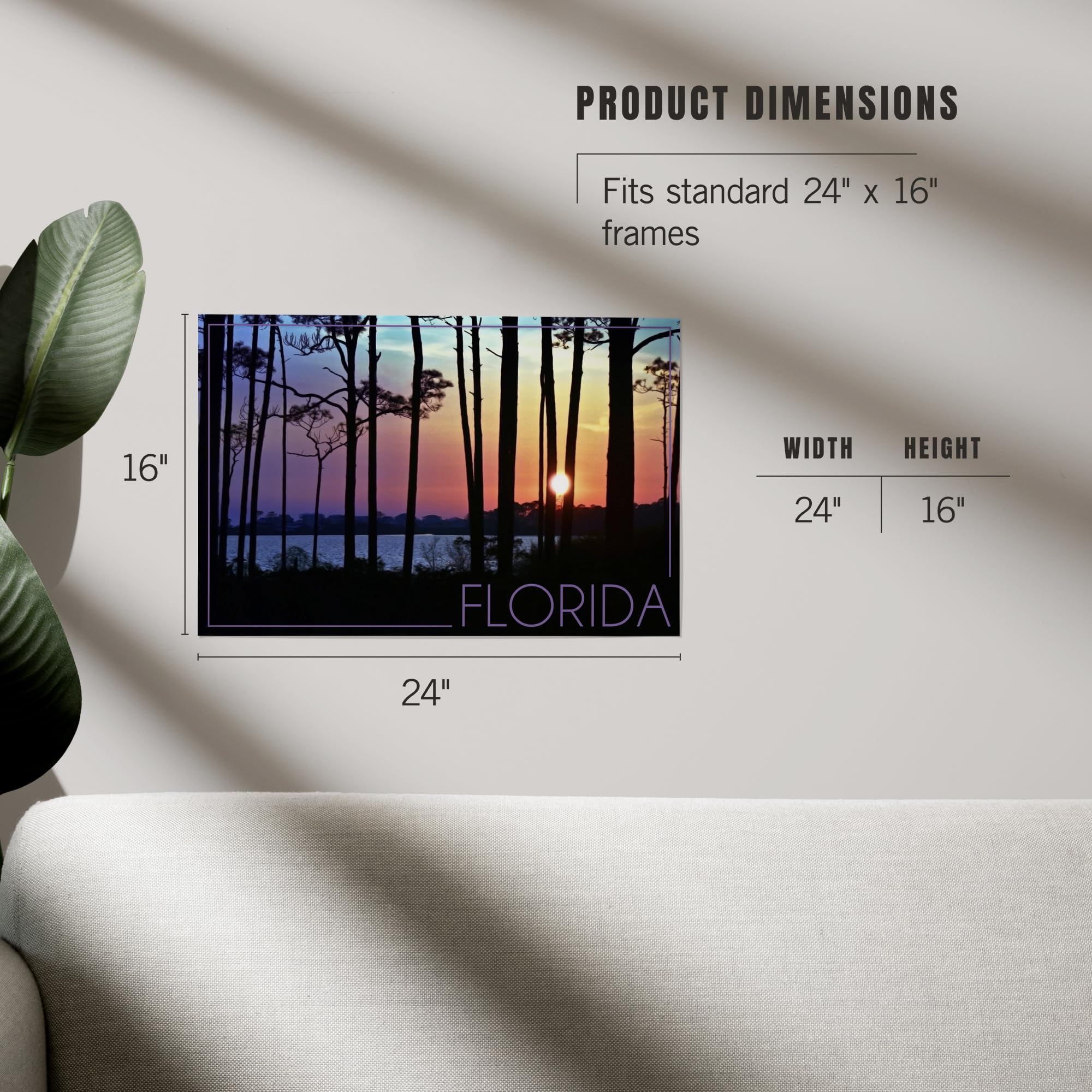 Lantern Press 16x24 Inch Giclee Art Print - Florida Sunset Silhouette Wall Decor | Premium Canvas Painting for Living Room, Bedroom & Office