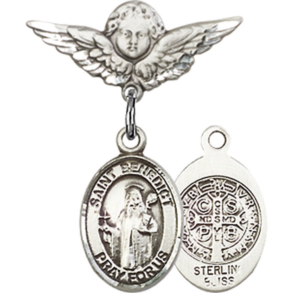 St. Benedict Sterling Silver Baby Badge with Angel Wing Charm - 7/8 X 3/4 Inch Religious Pin for Christening, Baptism & First Communion Gifts