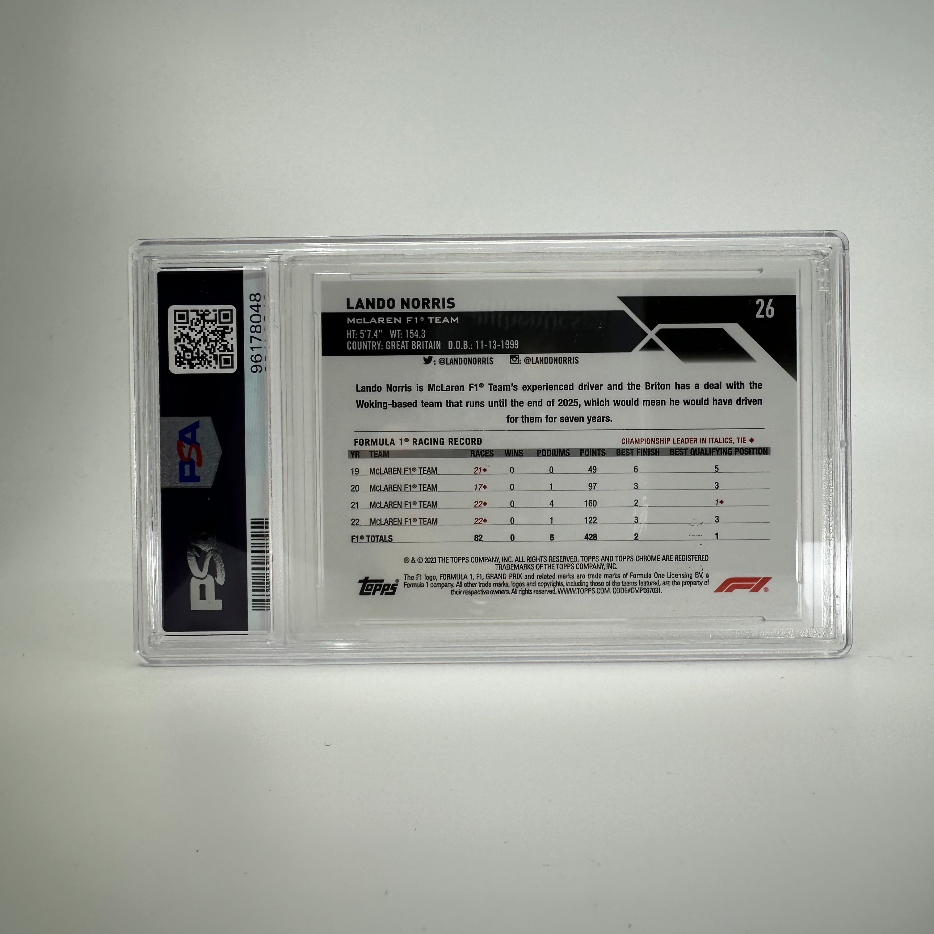2023 Topps Chrome F1 Lando Norris #26 Orange Sapphire PSA 10 Graded Card - Perfect for F1 Collectors, Racing Fans, and Sports Memorabilia Enthusiasts