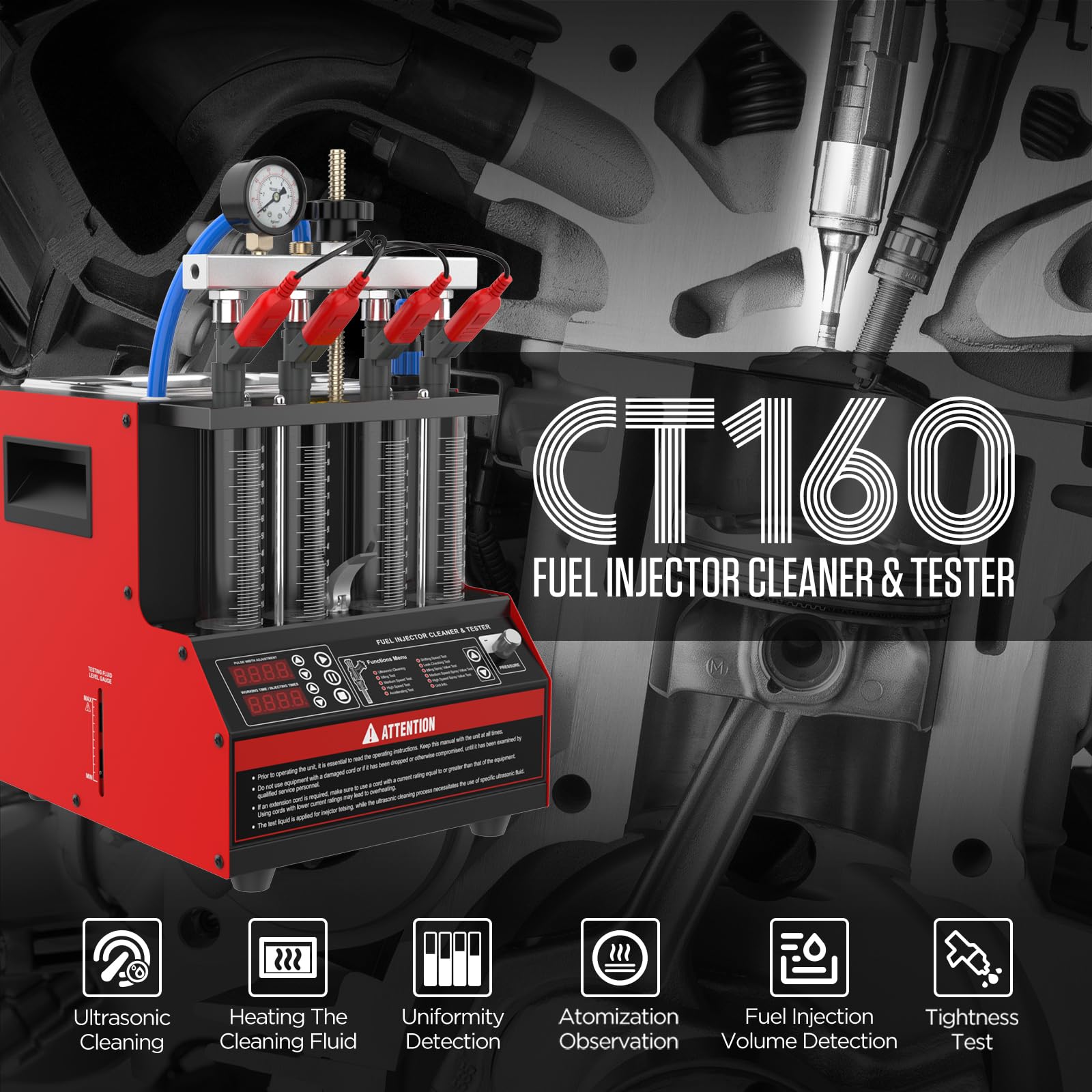 CT160 Heated Fuel Injector Cleaner & Tester - 4-Cylinder Diesel Injector Cleaning Machine with Drain Valve & 11 Functions (110V) - Perfect for Auto Repair Shops & DIY Car Maintenance