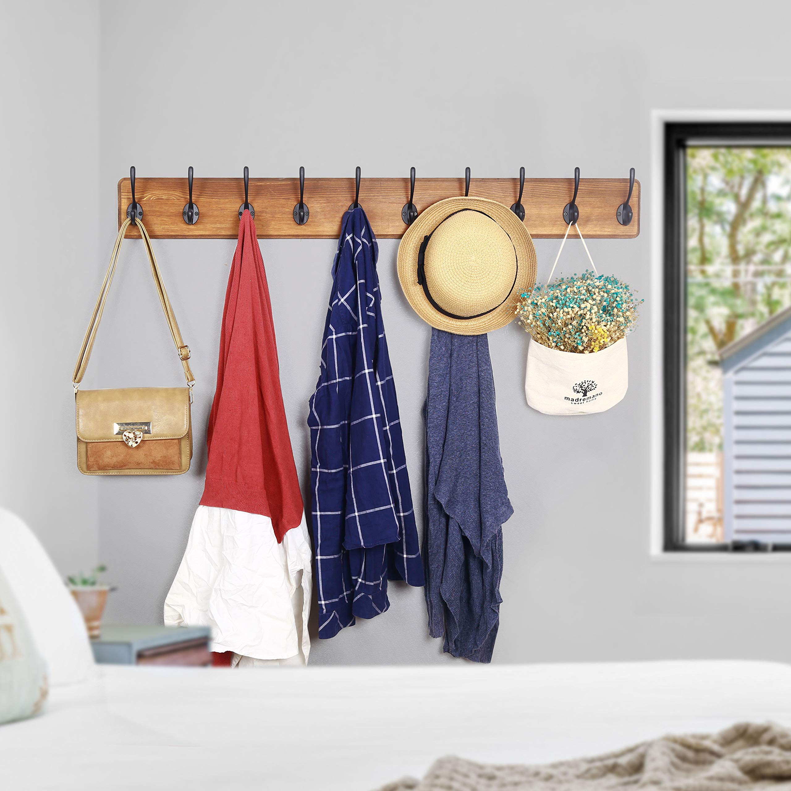 Rustic Wood Wall Mounted Coat Rack with 10 Hooks - 38.9
